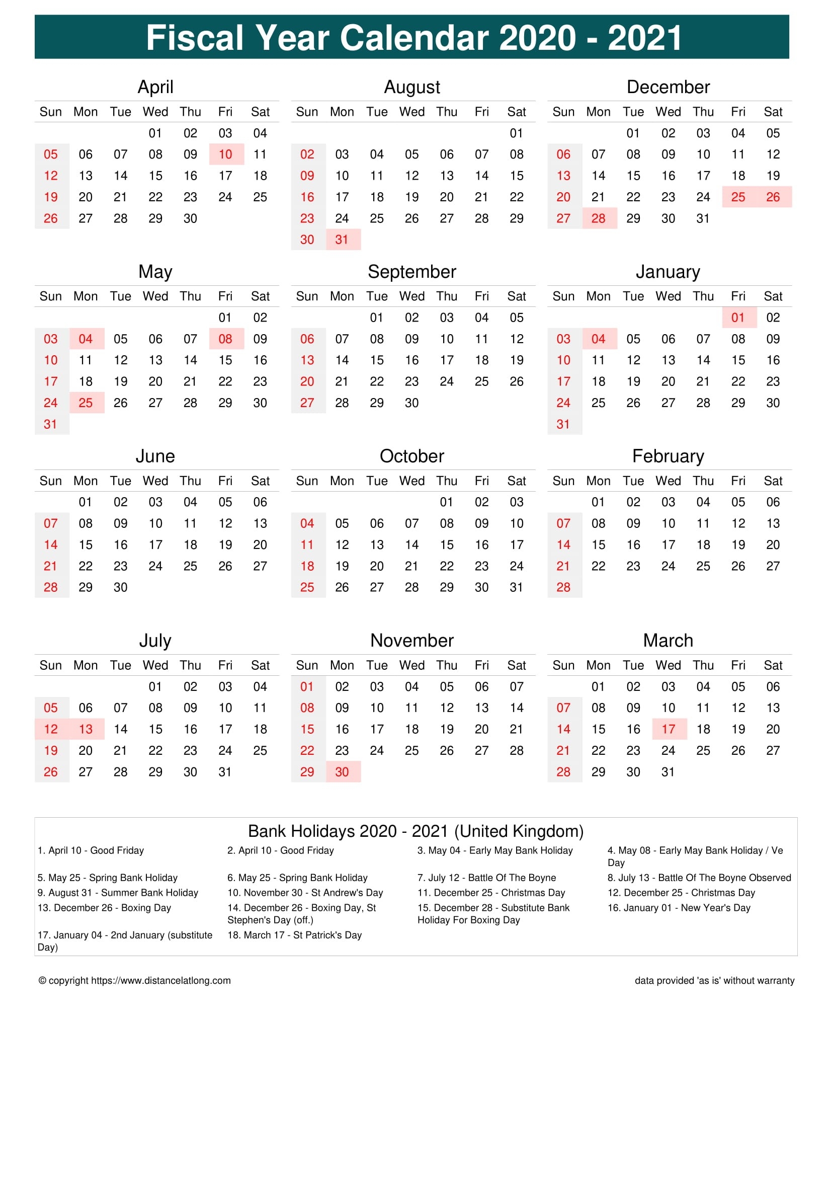 Fiscal Year 2020-2021 Calendar Templates, Free Printable  2021 19 Financial Calendar Printable