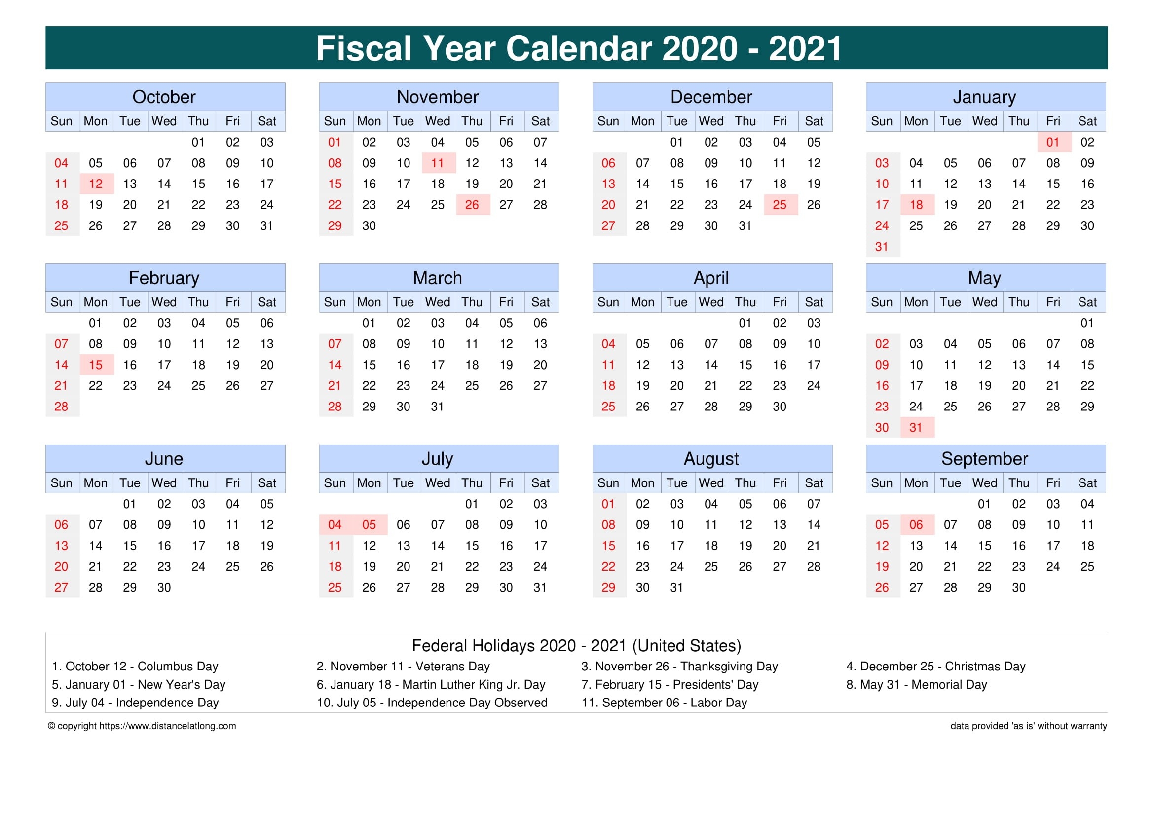 Fiscal Year 2020-2021 Calendar Templates, Free Printable  2021 19 Financial Year Calendar