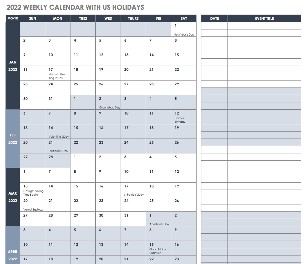 Free Excel Calendar Templates  Yearly Continuous Calendar 2020