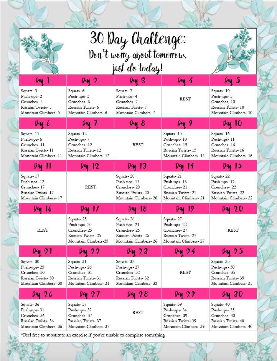 Free Exercise Printable 30-Day Challenge: Easy, Medium  30 Day Fitness Challenges Printables