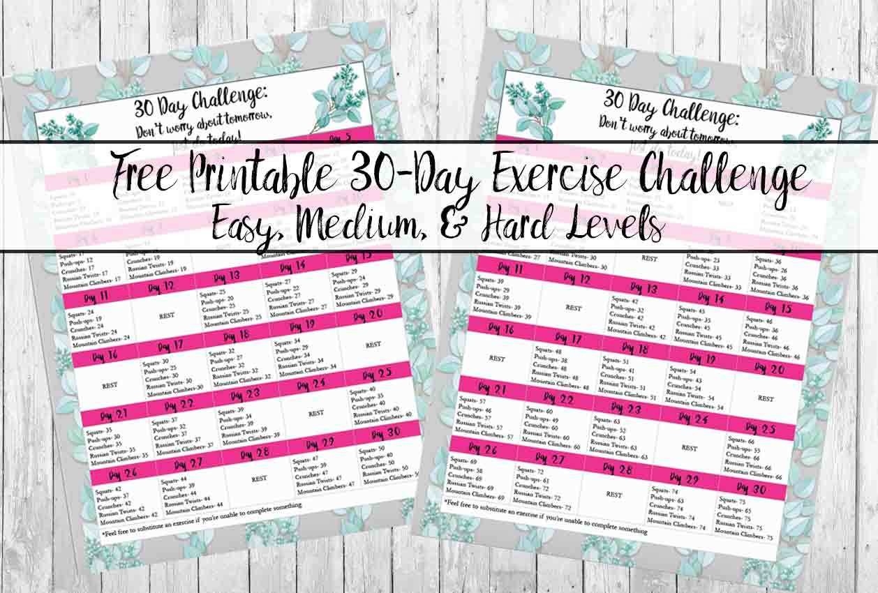 Free Exercise Printable 30-Day Challenge: Easy, Medium  Exercise Challenge Printable