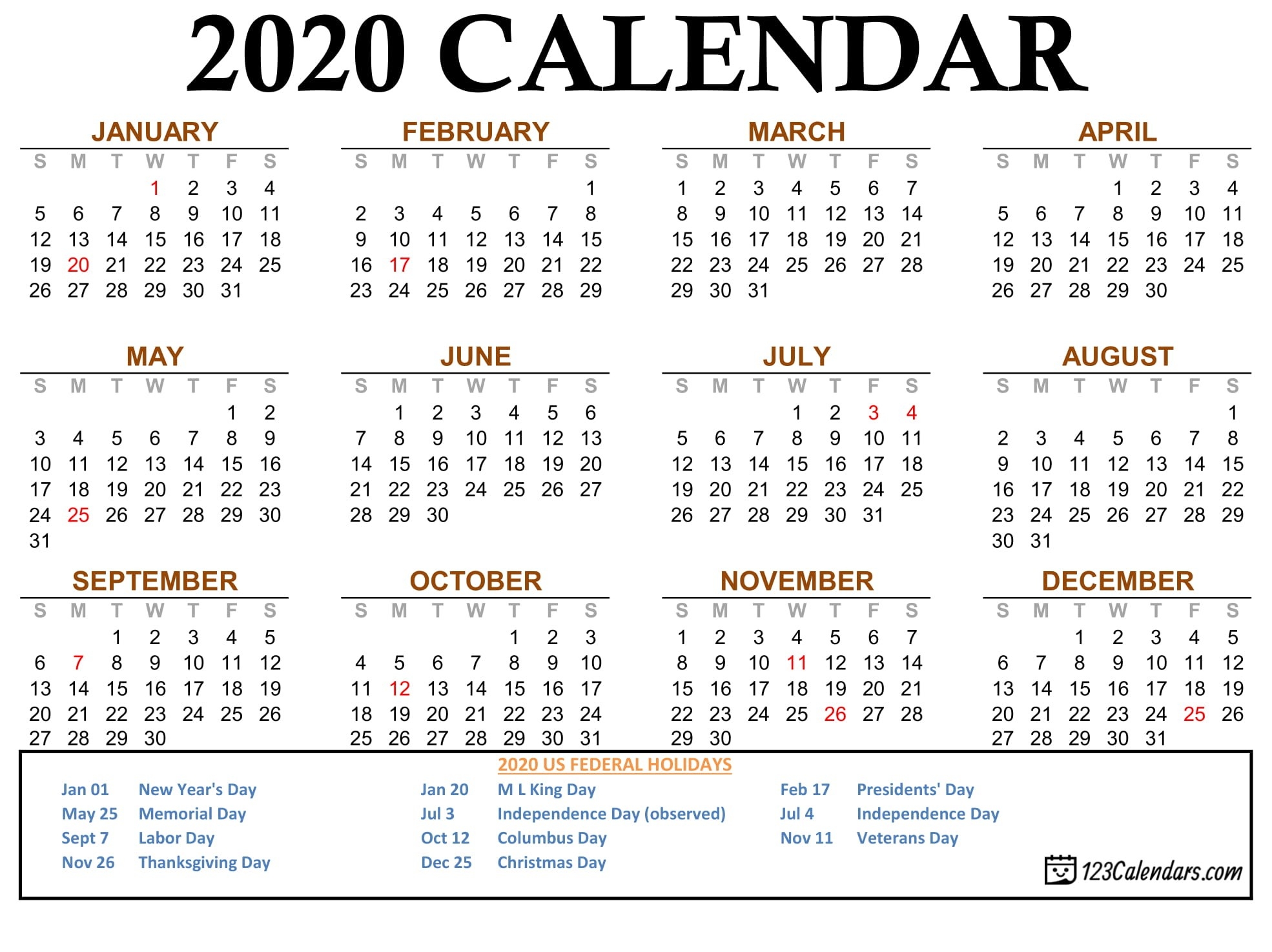 Free Printable 2020 Calendar | 123Calendars  Printable Checkbook Size Calendar