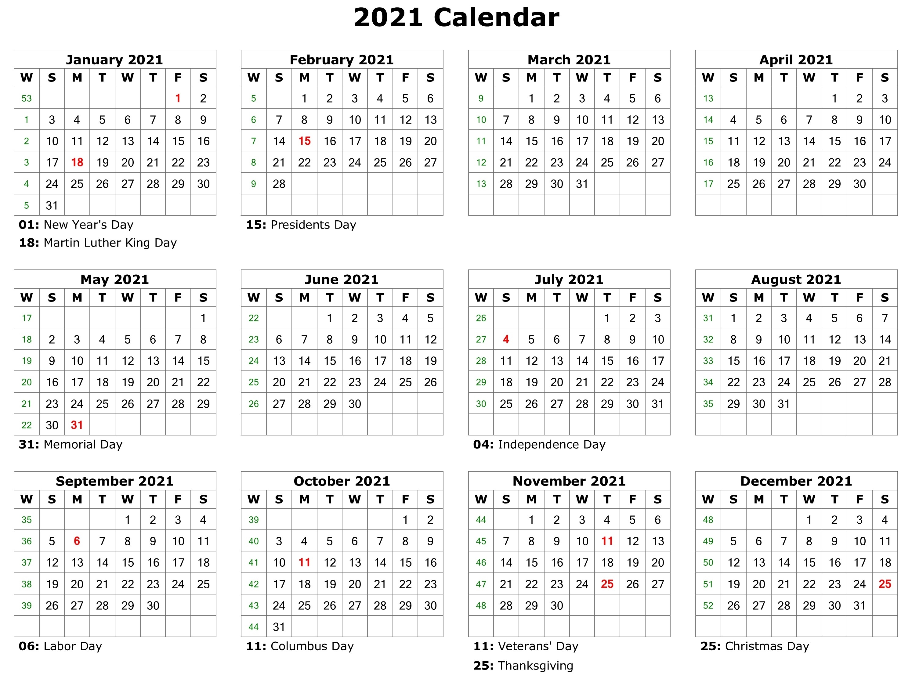 Free Printable 2021 Monthly Calendar With Holidays Word Pdf  12 Month 2021 Printable Calendar Type On