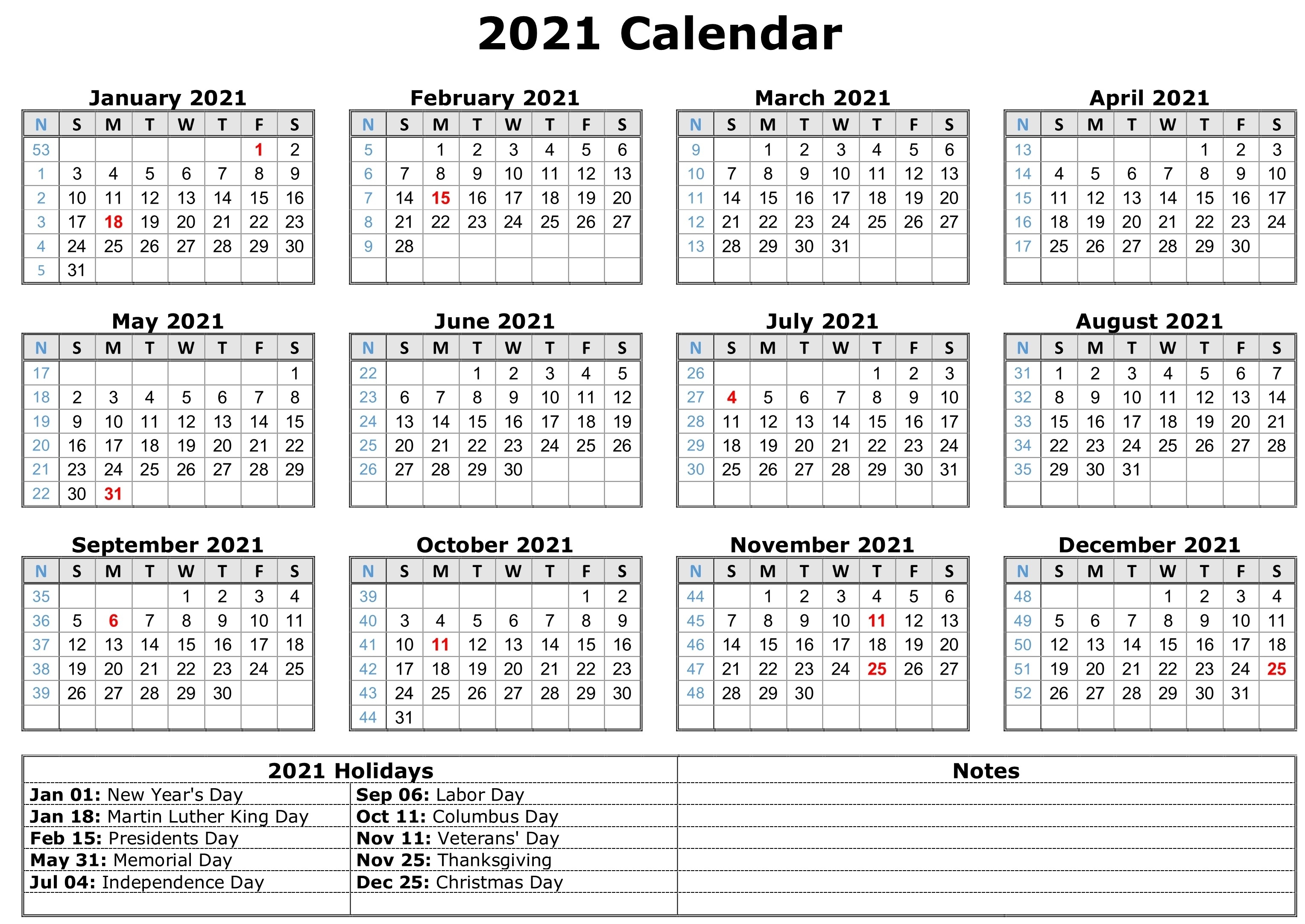 Free Printable 2021 Monthly Calendar With Holidays Word Pdf  12 Month Calendar 2021 Printable