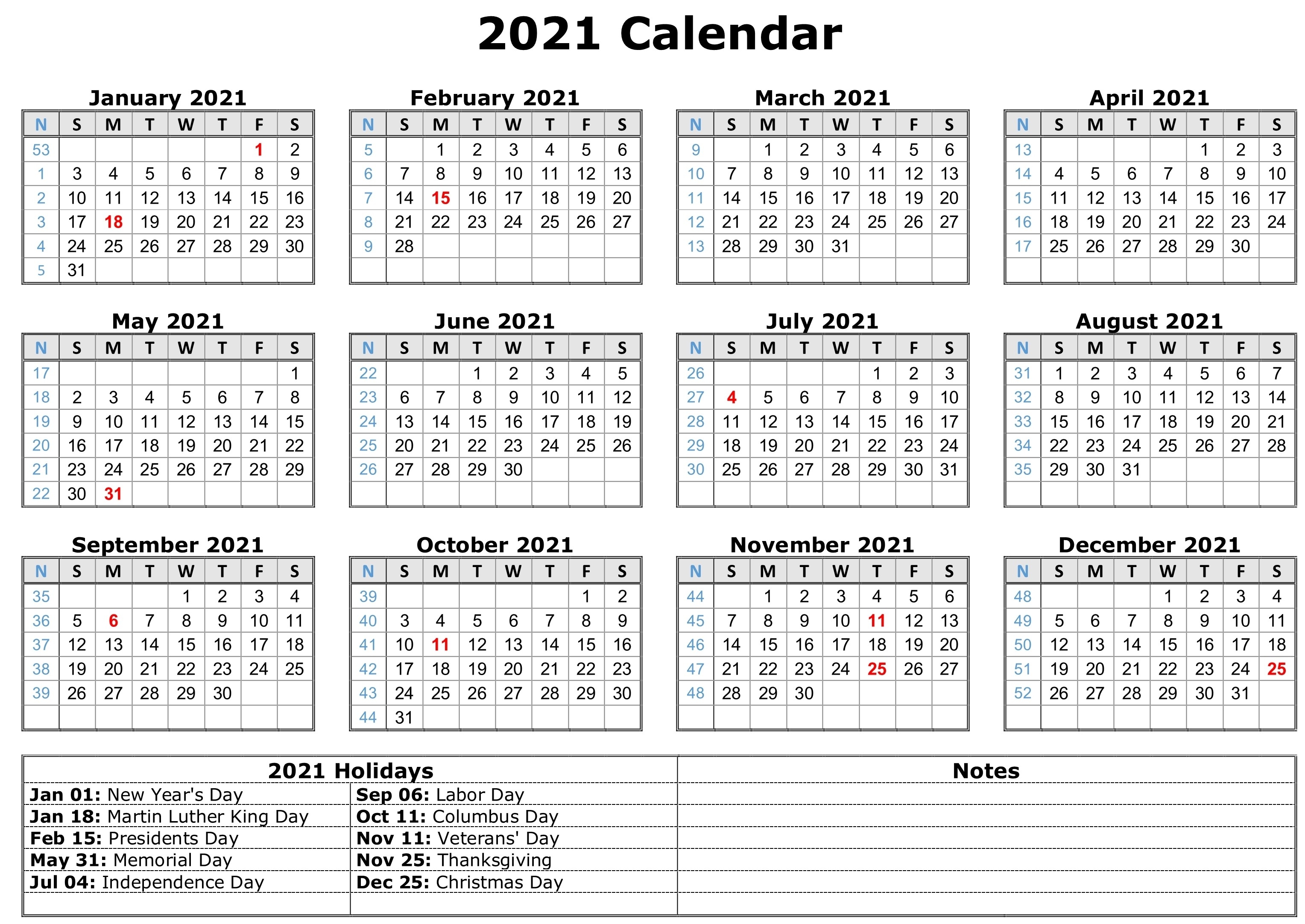 Free Printable 2021 Calendar With Holidays Pdf