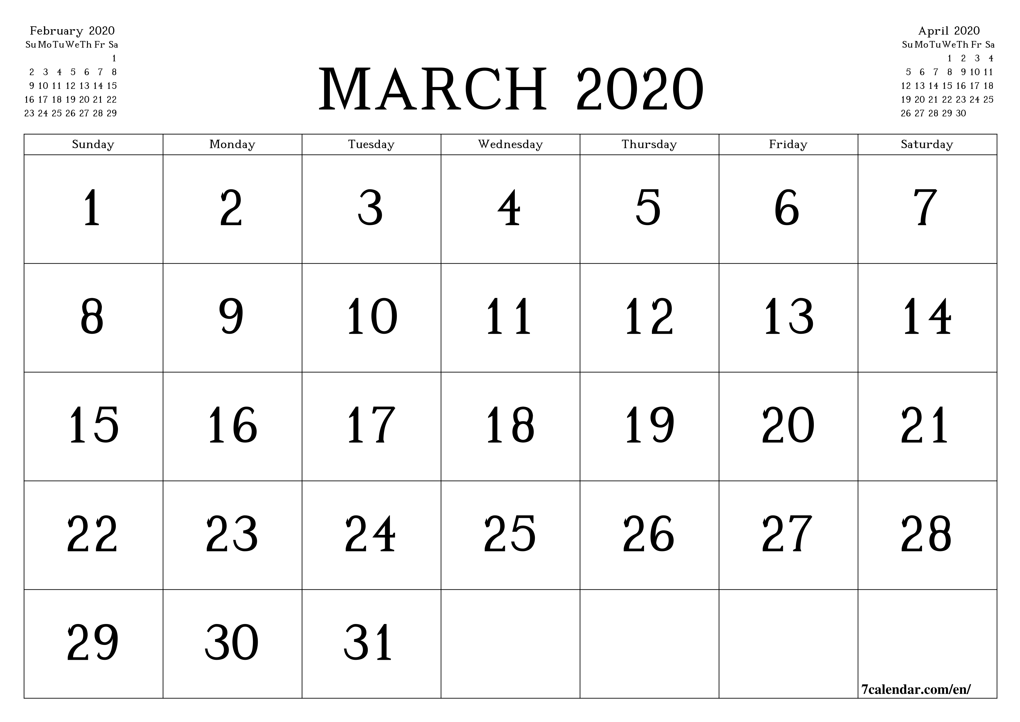 Free Printable Blank Monthly Calendar And Planner For March  A3 Printable Calendar 2020