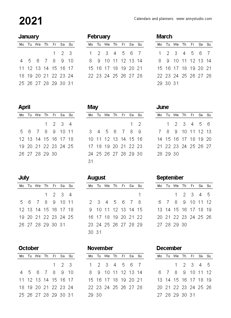 2021 Full Year Calendar - Template Calendar Design