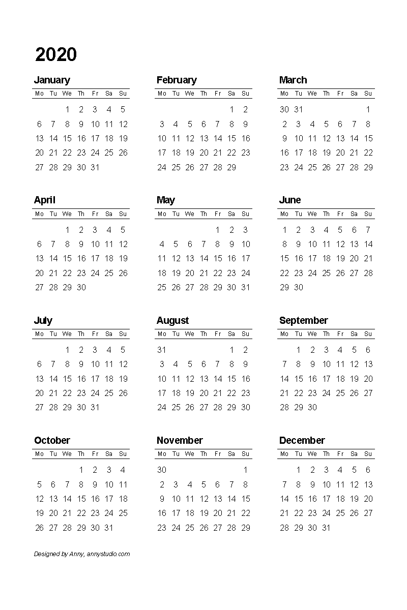 Free Printable Calendars And Planners 2020, 2021, 2022  A3 Calendar 2020