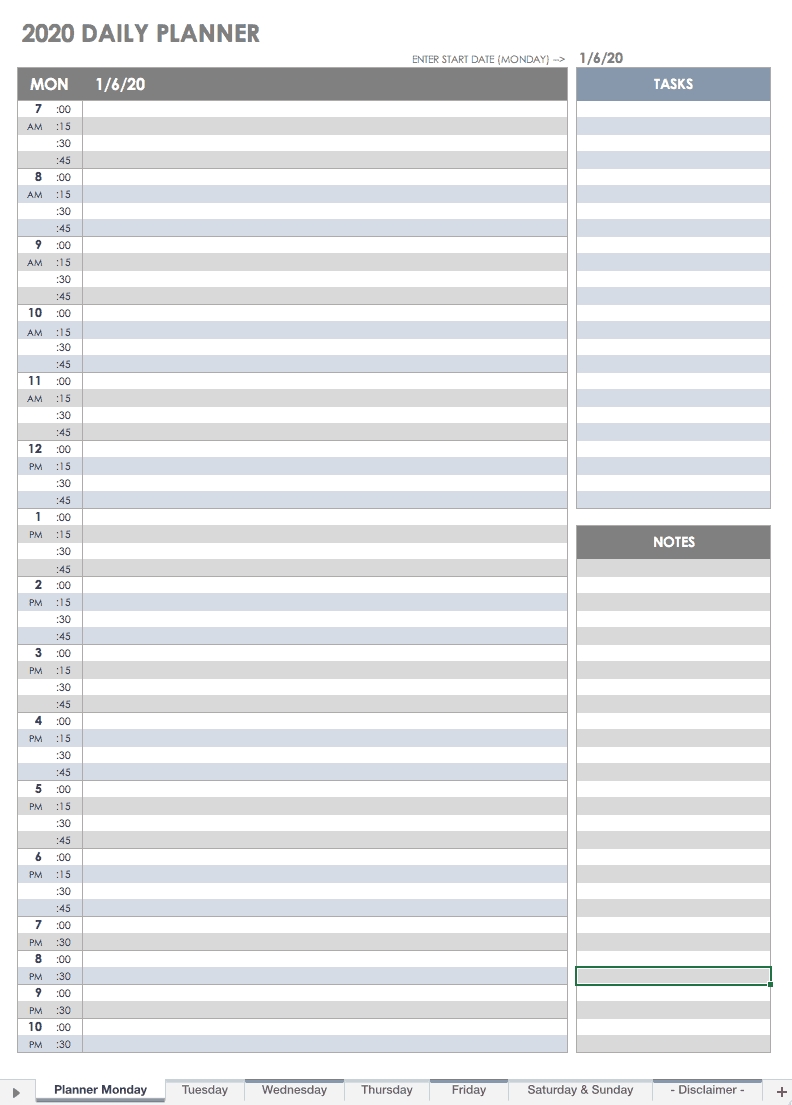 Free Printable Daily Calendar Templates | Smartsheet  Printable Daily Planner With Times