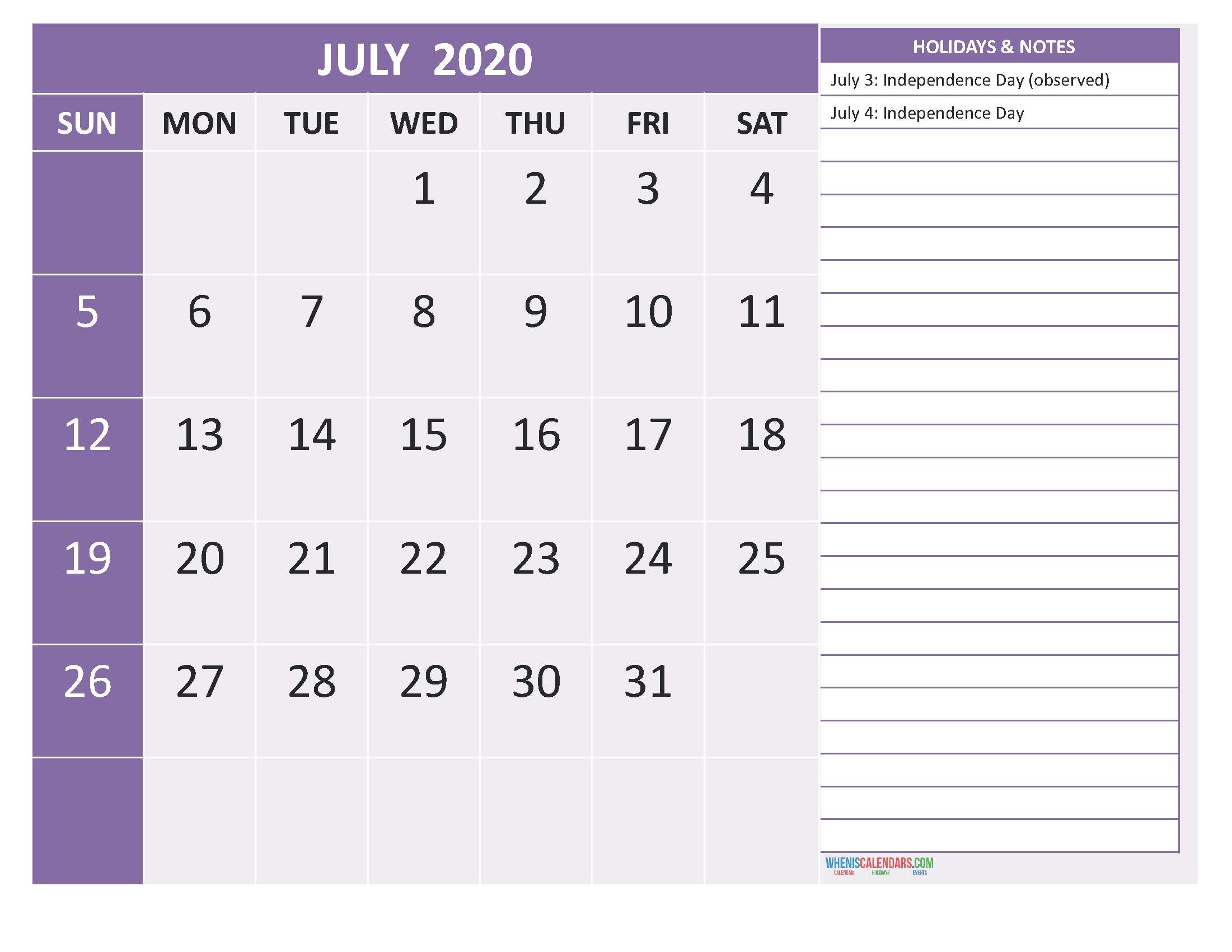 Free Printable Monthly Calendar 2020 July With Holidays  Free Bill Pay Calendar 2020