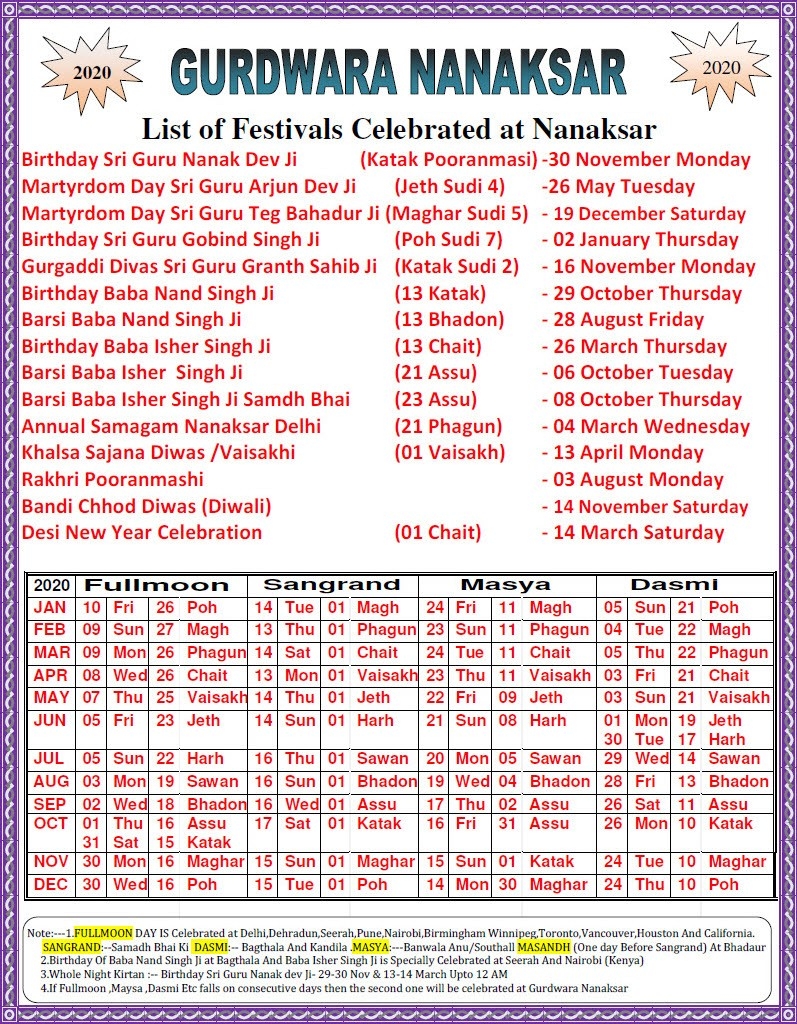 Gurdwara Nanaksar - Monthly Events And Activities  February Calendar 2020 Punjabi