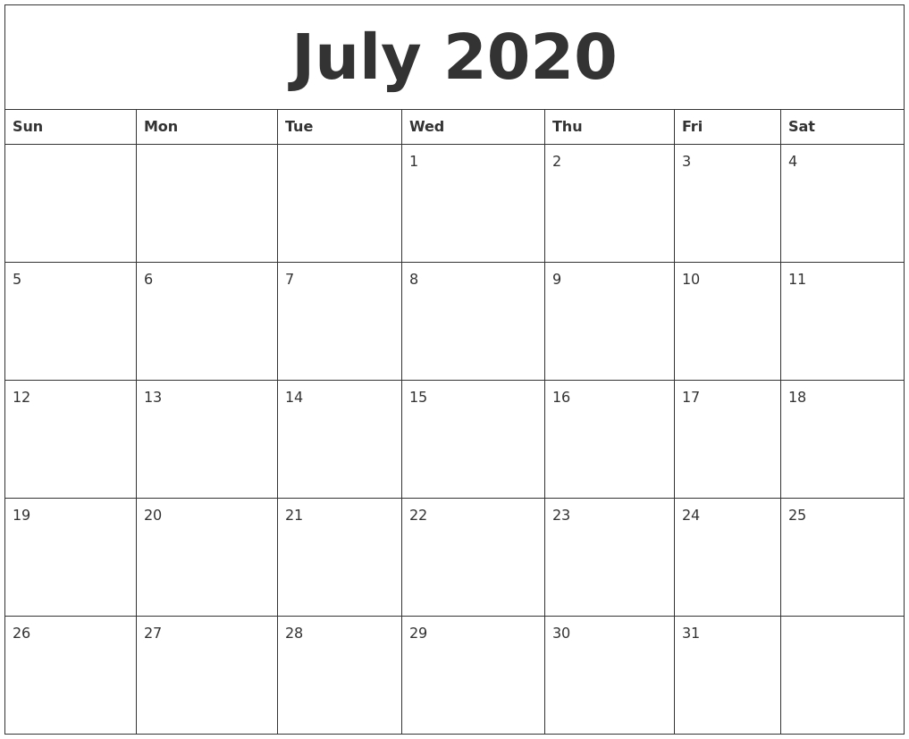 July 2020 Blank Monthly Calendar Template  Blank Monthly Calendar Printable