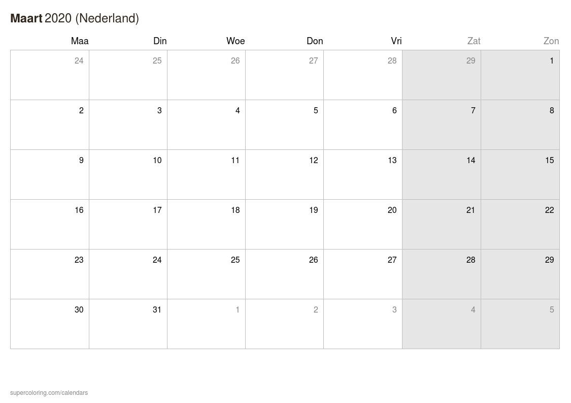 Kalender Maart 2020 (Nederland)  Kalender Maart 2020