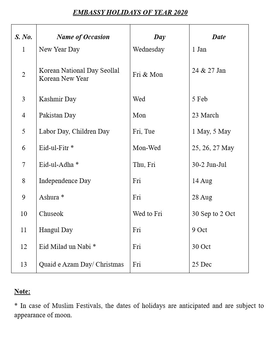 List Of Holidays During The Year | Embassy Of Pakistan  Pakistan Holidays 2020
