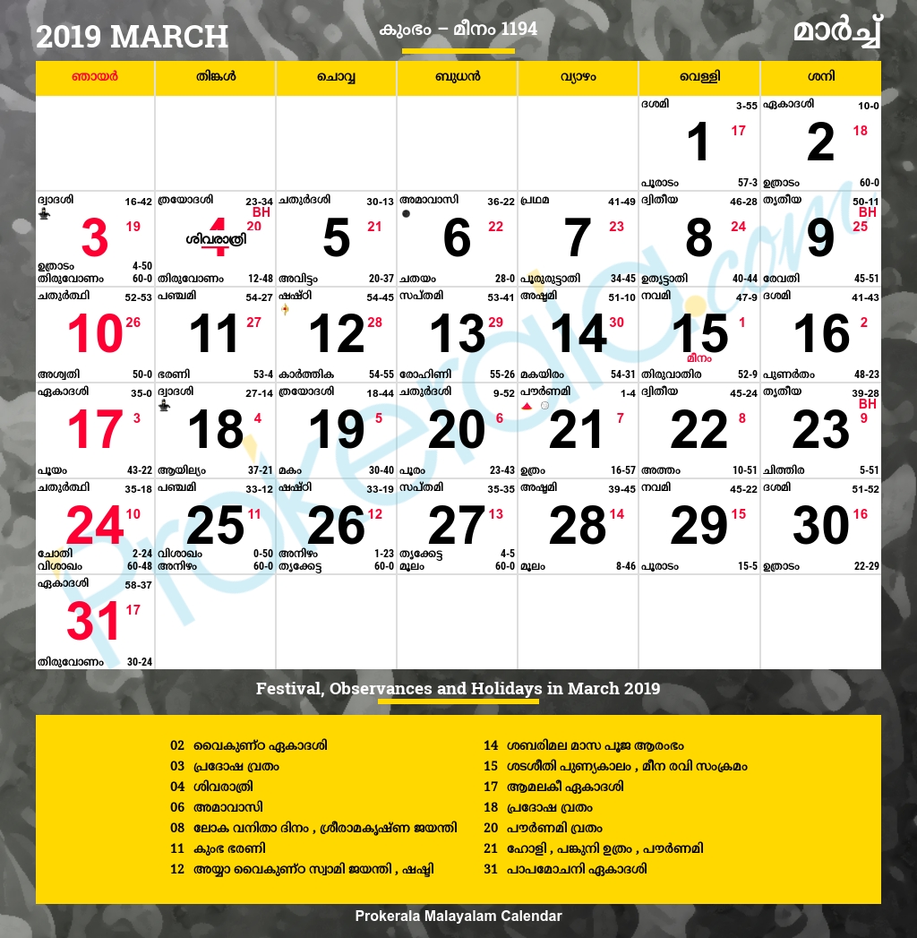 Malayalam Calendar 2019, March  Malayala Manorama Clendar