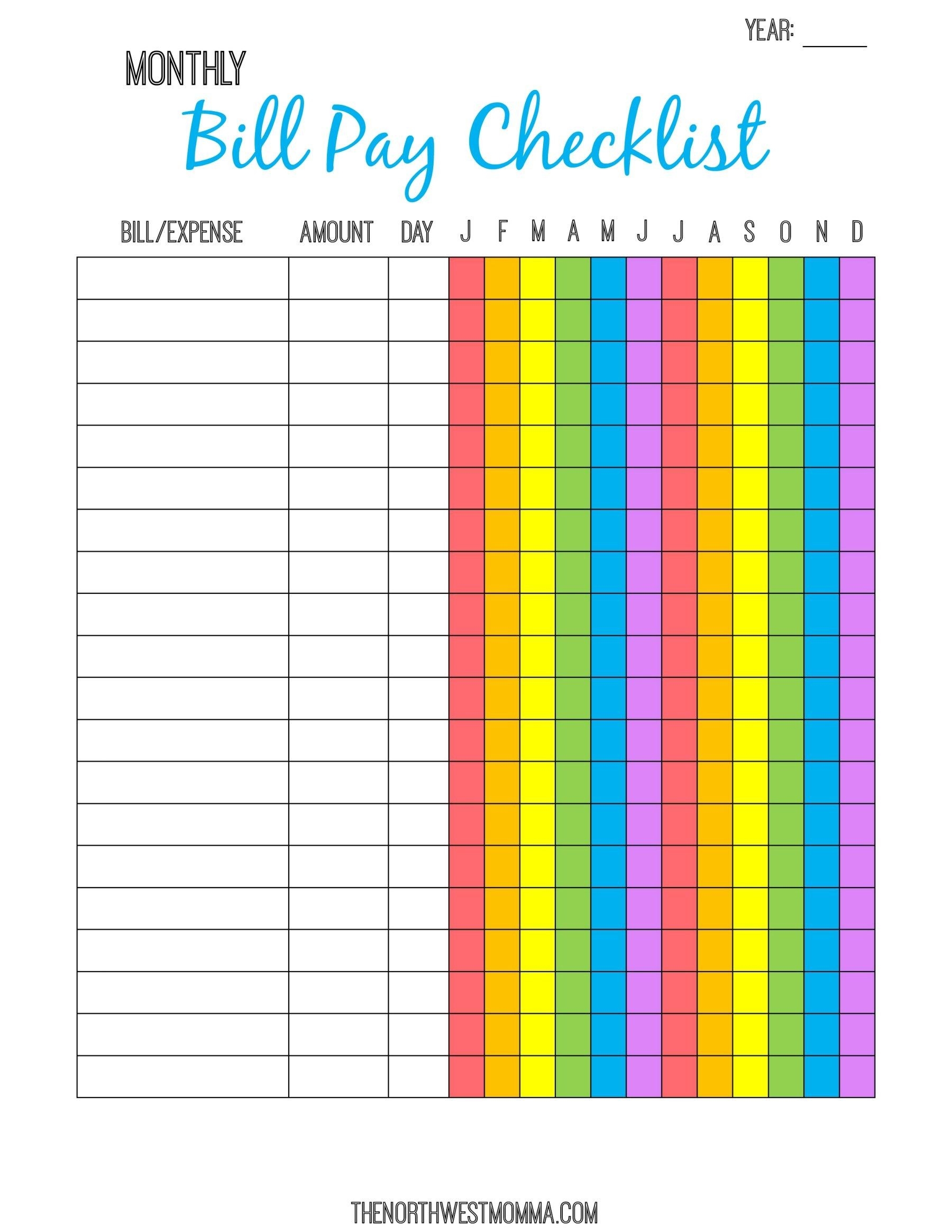 Monthly Bill Pay Checklist- Free Printable! | Organizing  Bill Payment Sheet