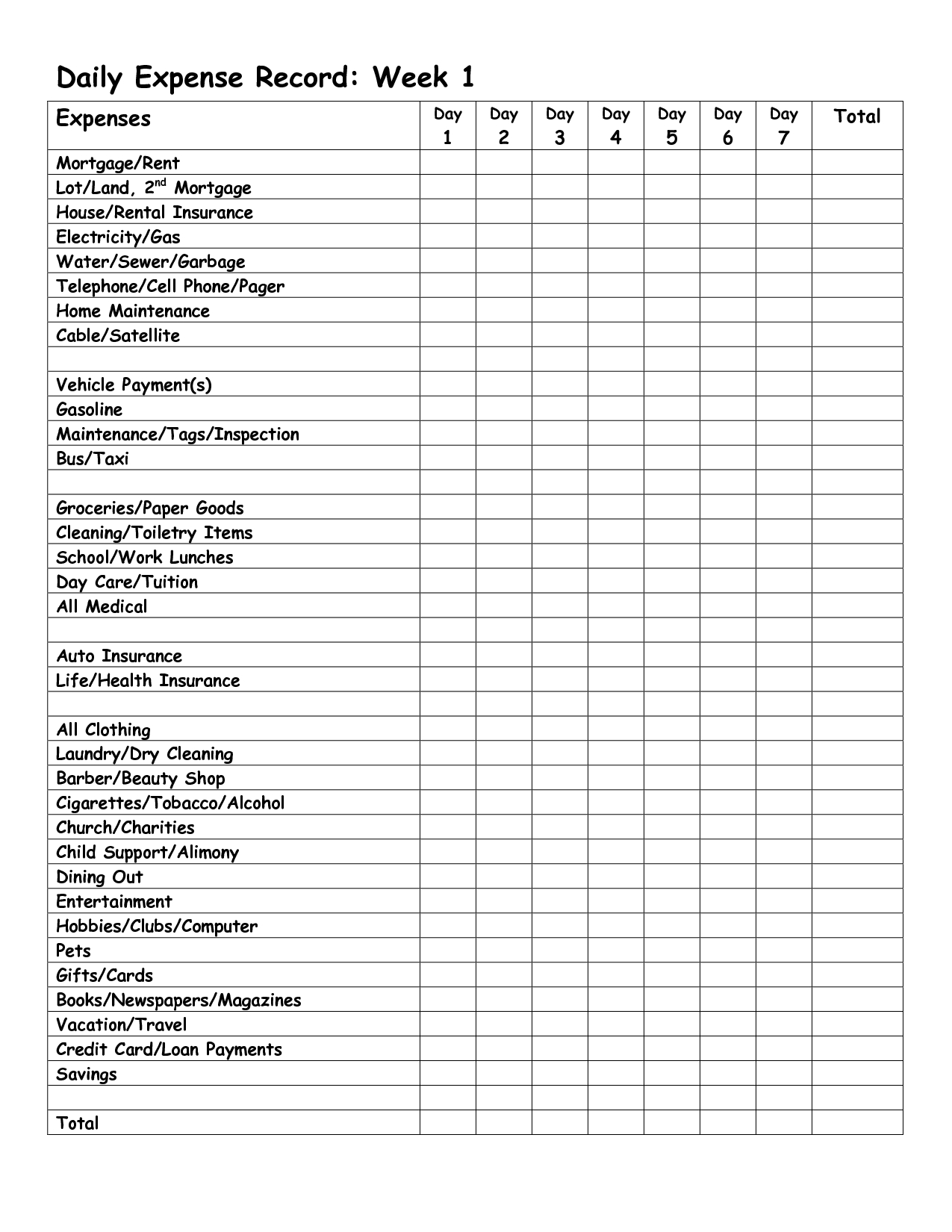 Monthly Expense Report Template | Daily Expense Record Week  Day Care Payment Spreadsheet
