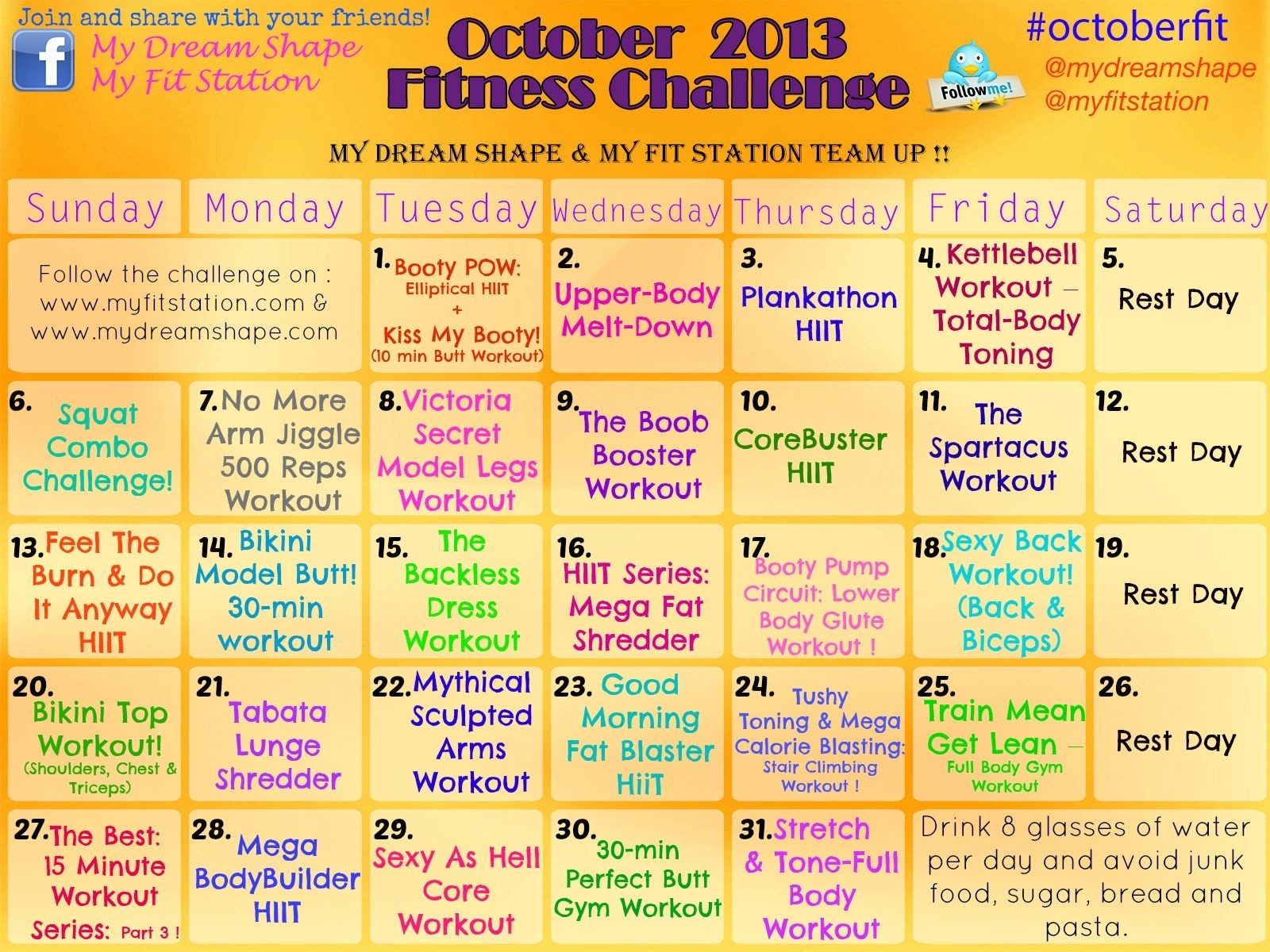 October Fitness Challenge : 31-Day Calendar (With Images  30 Day Challenge Calendar