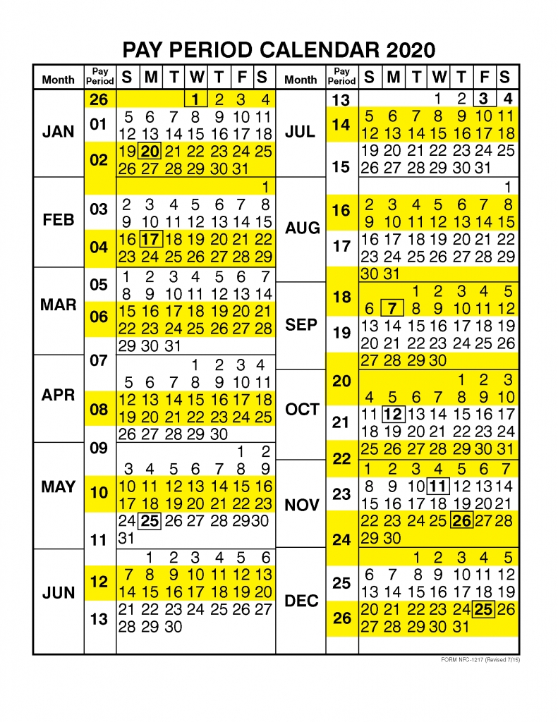 Pay Period Calendar 2020Calendar Year – Free Printable  2020 Federal Payroll Calendar Printable