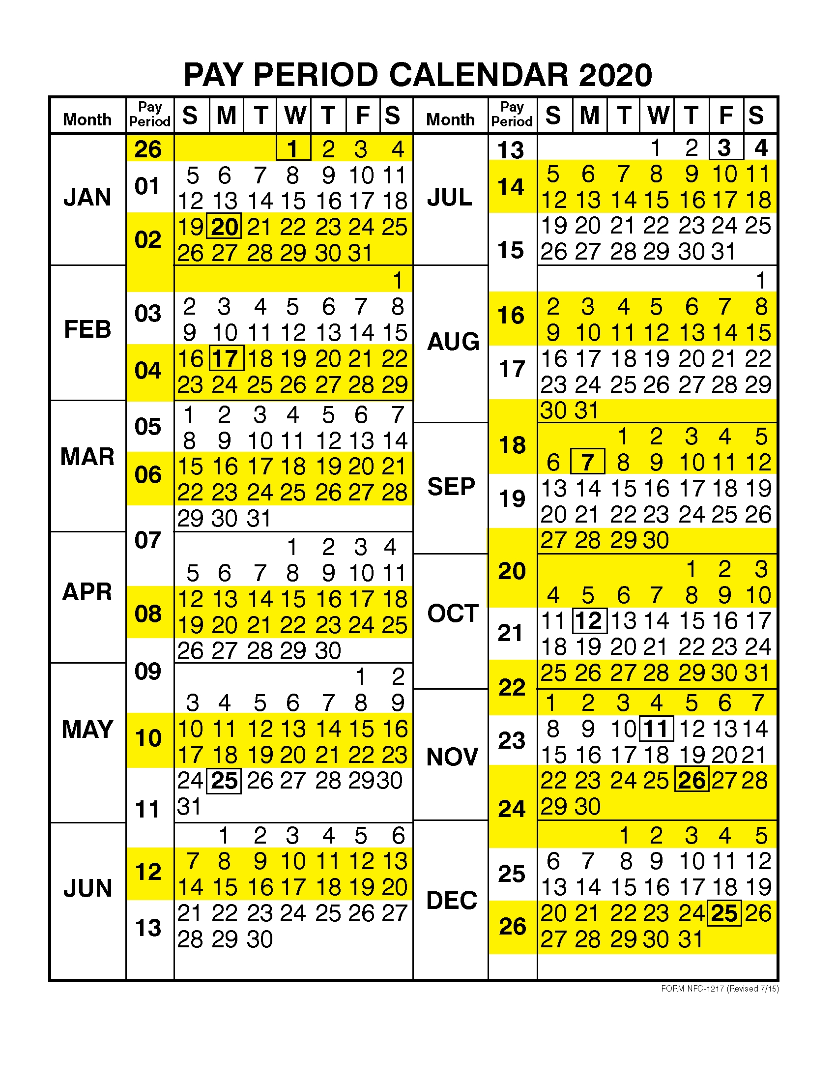 Pay Period Calendar 2020Calendar Year – Free Printable  2020 Government Payroll Calendar