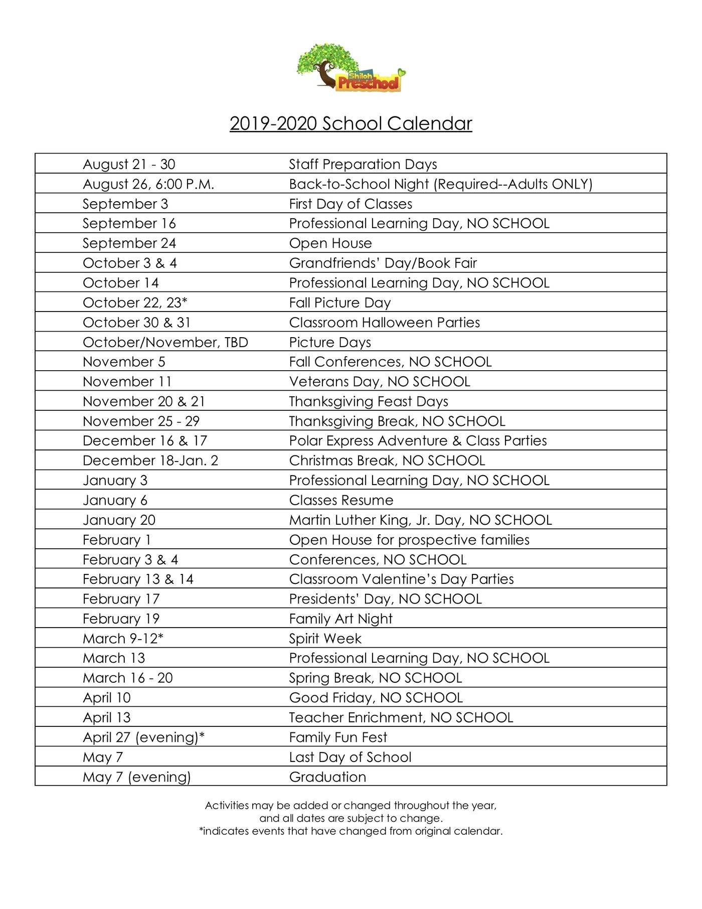 Preschool Calendar  Methodist 2021 Calendar