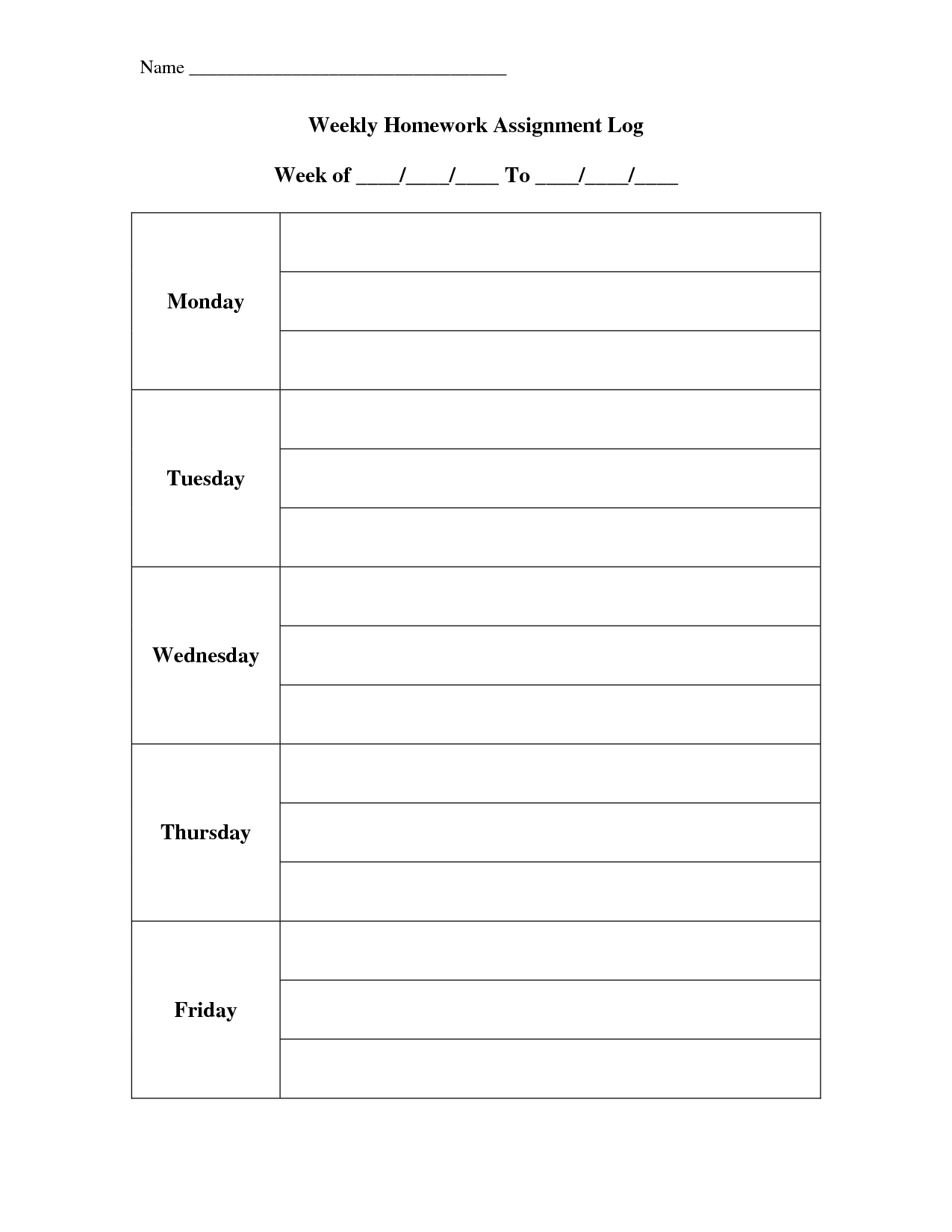 Weekly Assignment Log Template Calendar Design