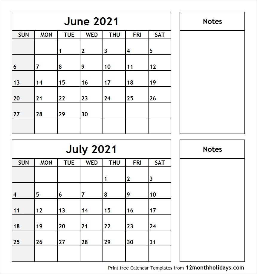 Print June July 2021 Calendar Template | 2 Month Calendar  June 2020-June 2021 Calendar