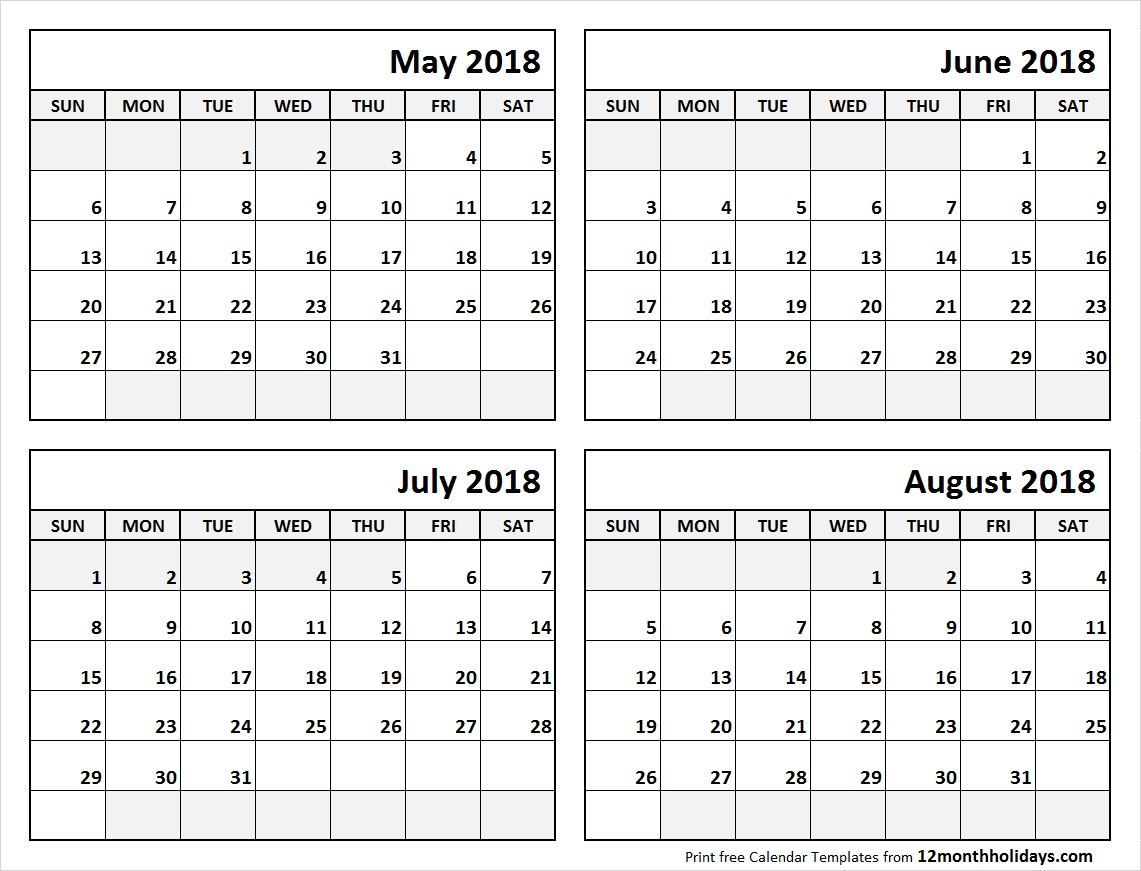 Print May To August 2018 Calendar Template | 4 Month Calendar  Blank Calendar 4 Months