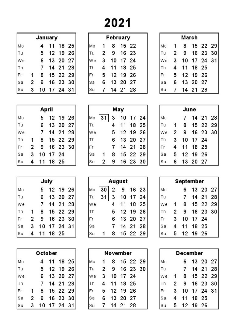 12 Month Calendar 2021 Printable - Template Calendar Design