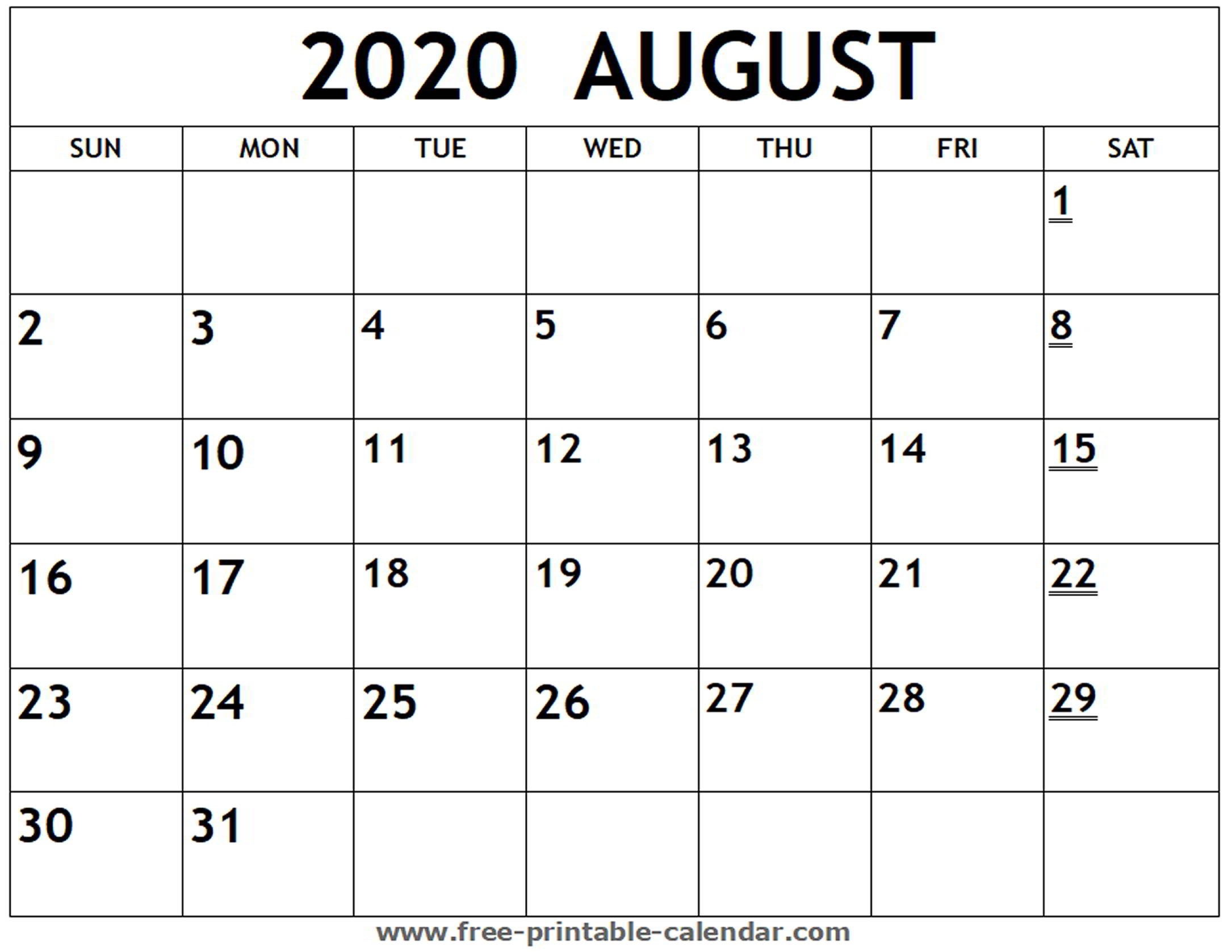Printable 2020 August Calendar - Free-Printable-Calendar  Calendar Printable 2020