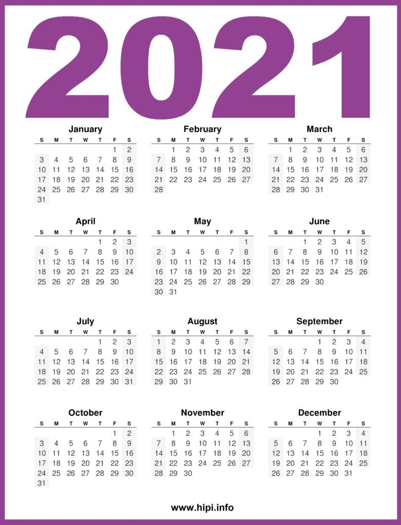 Printable 2021 Calendar - 12 Month Calendar - Hipi  12 Month Calendar 2021 Printable