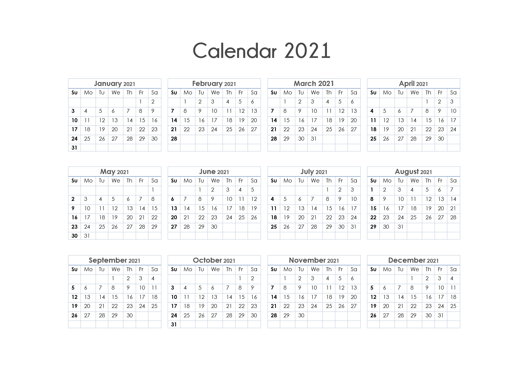 Printable Calendar 2021 One Page, Yearly Calendar, Blank  2021 Full Year Calendar