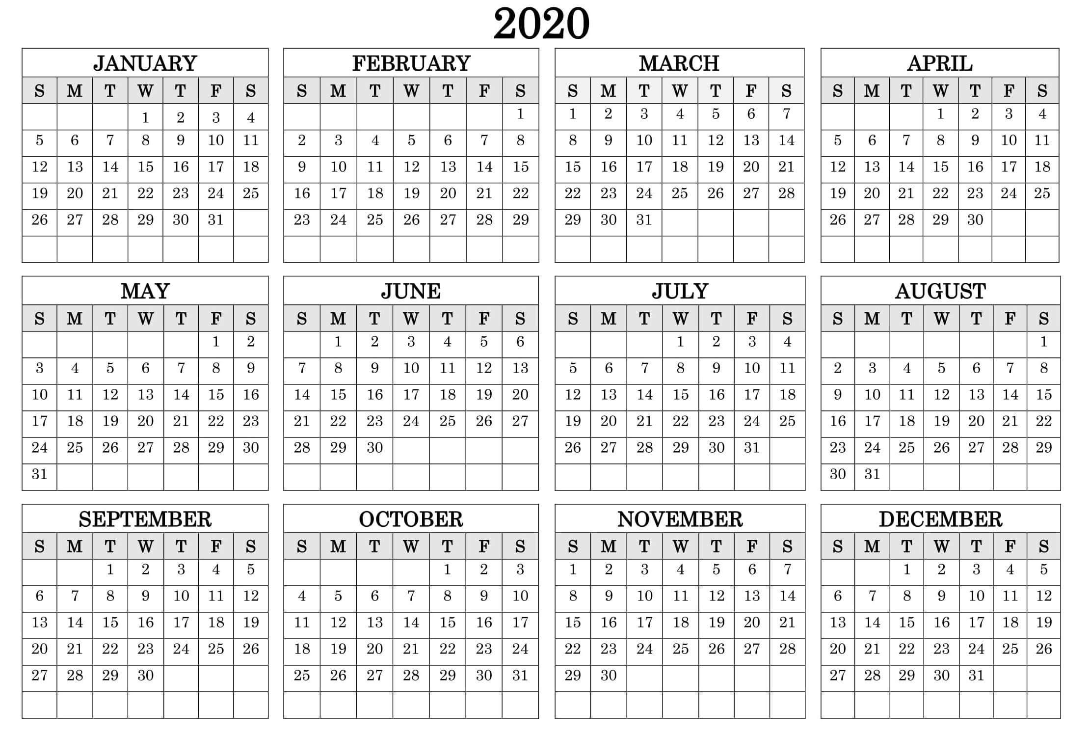 Printable Calendar Year 2020 Holidays Fillable Pdf - Set  Free 12 Month Printable Calendars