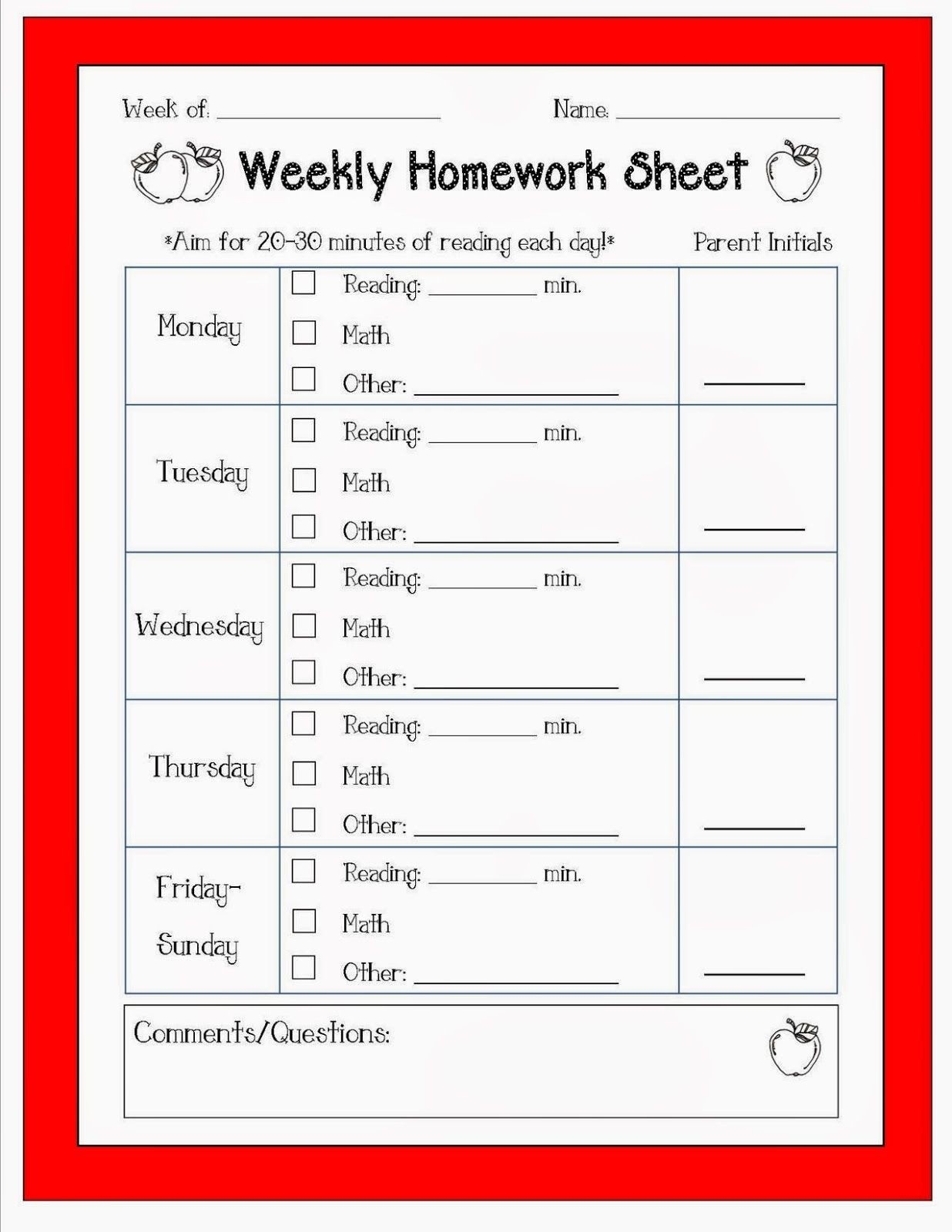 Printable Weekly Assignment Sheet | Weekly++Homework+Sheet+2  Weekly Assignment Log