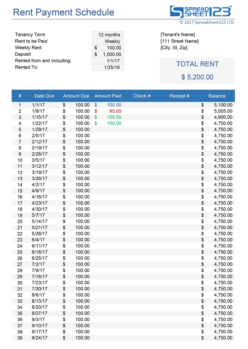 Rent Payment Schedule Template For Excel  Free Monthly Payment Sheet