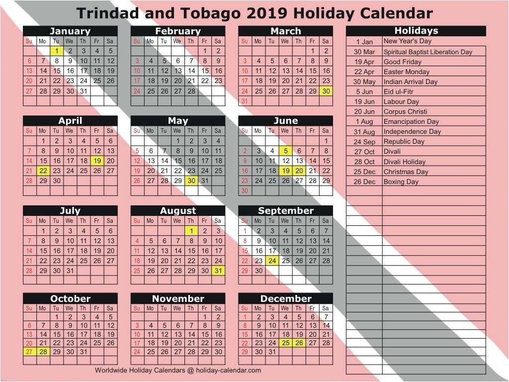 Trinidad And Tobago 2019 / 2020 Holiday Calendar | Holiday  Editable Baptist Calendar 2020 Printable