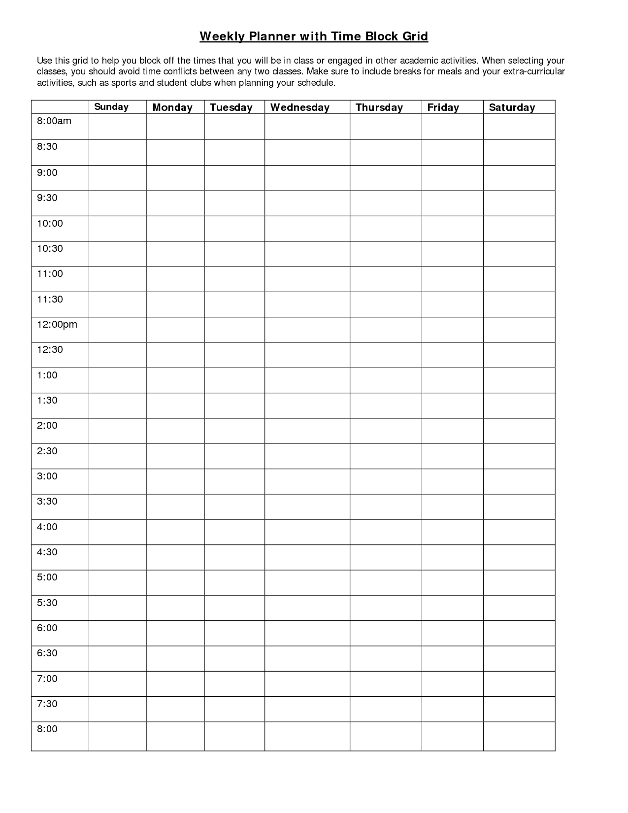Weekly Planner With Time Block Grid | Weekly Planner  30 Day Planner Template