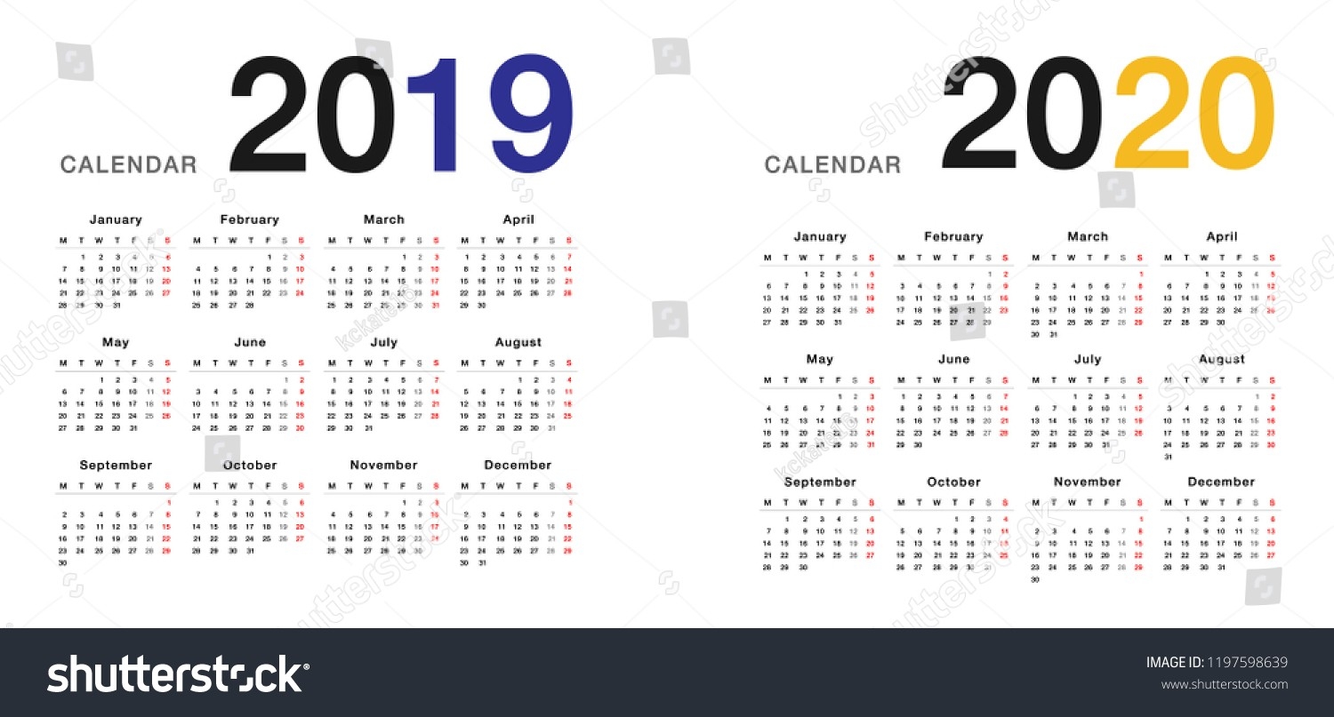 Year 2019 Year 2020 Calendar Horizontal Stock Vector  2020 Calendar Simple