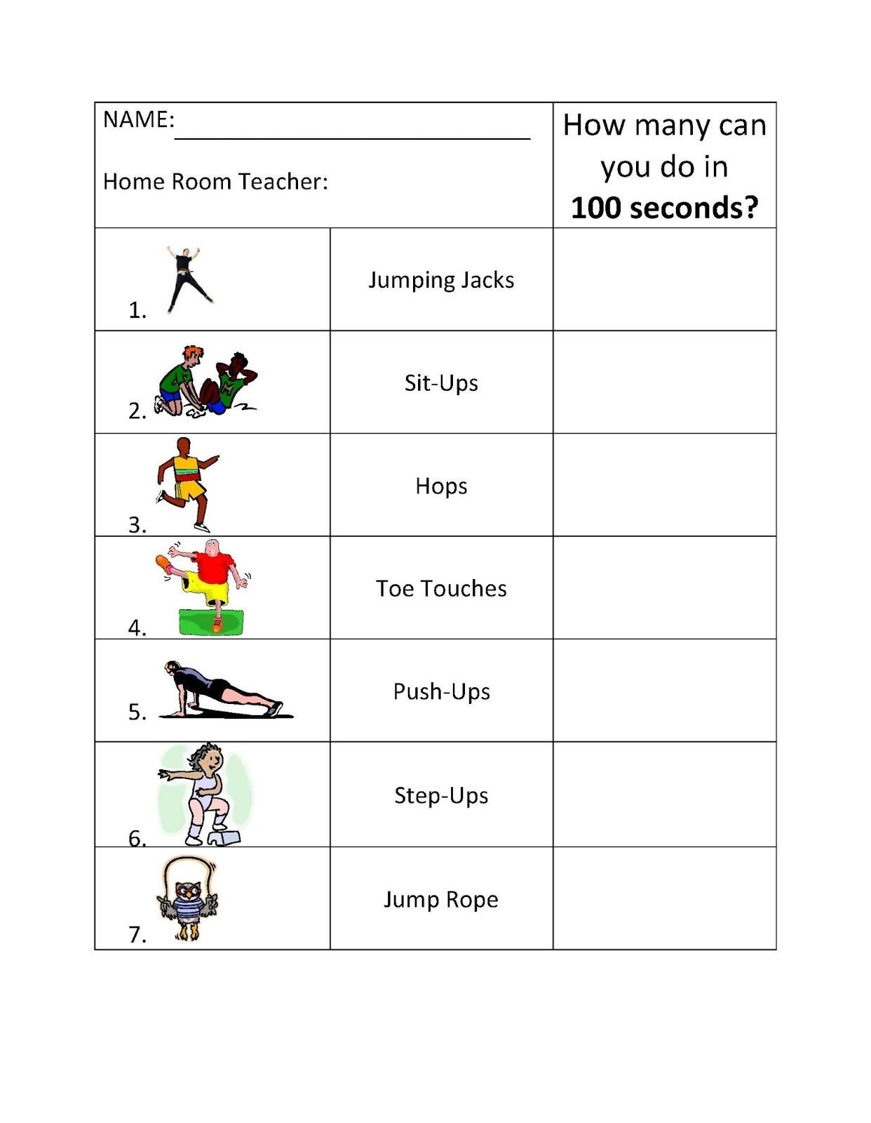 100 Second Challenge | Elementary Physical Education  Fitness Challenges Worksheet