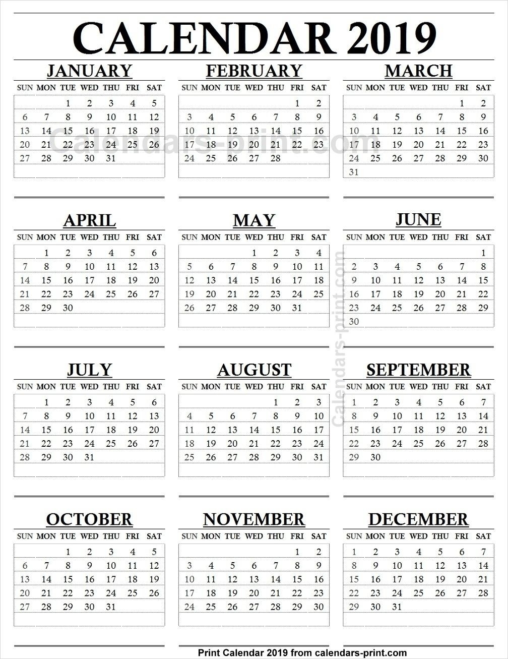 12 Month Calendar 2019 One Page To Print Free | Blank Pdf  Free Printable Calendar 12 Months
