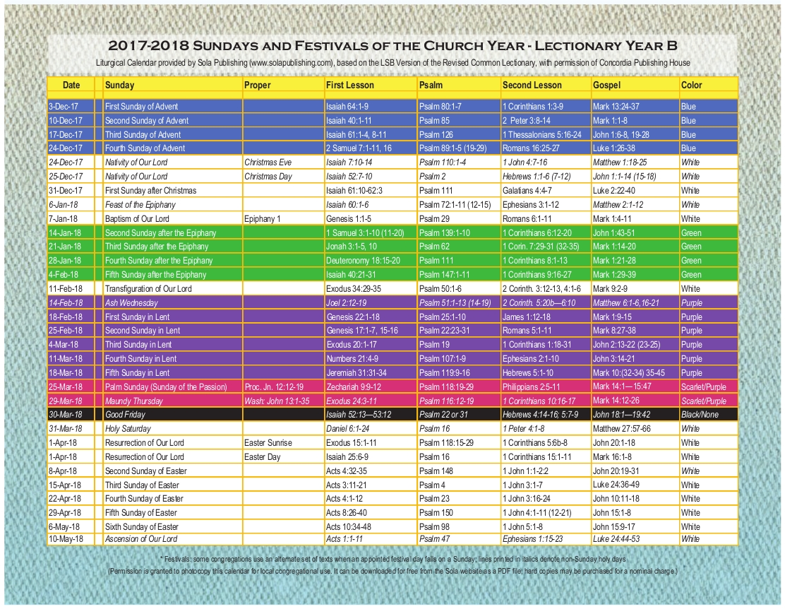 2018 Liturgical Calendar (Year B 2017-2018) K-2018 | Sola  Printable Lectionary