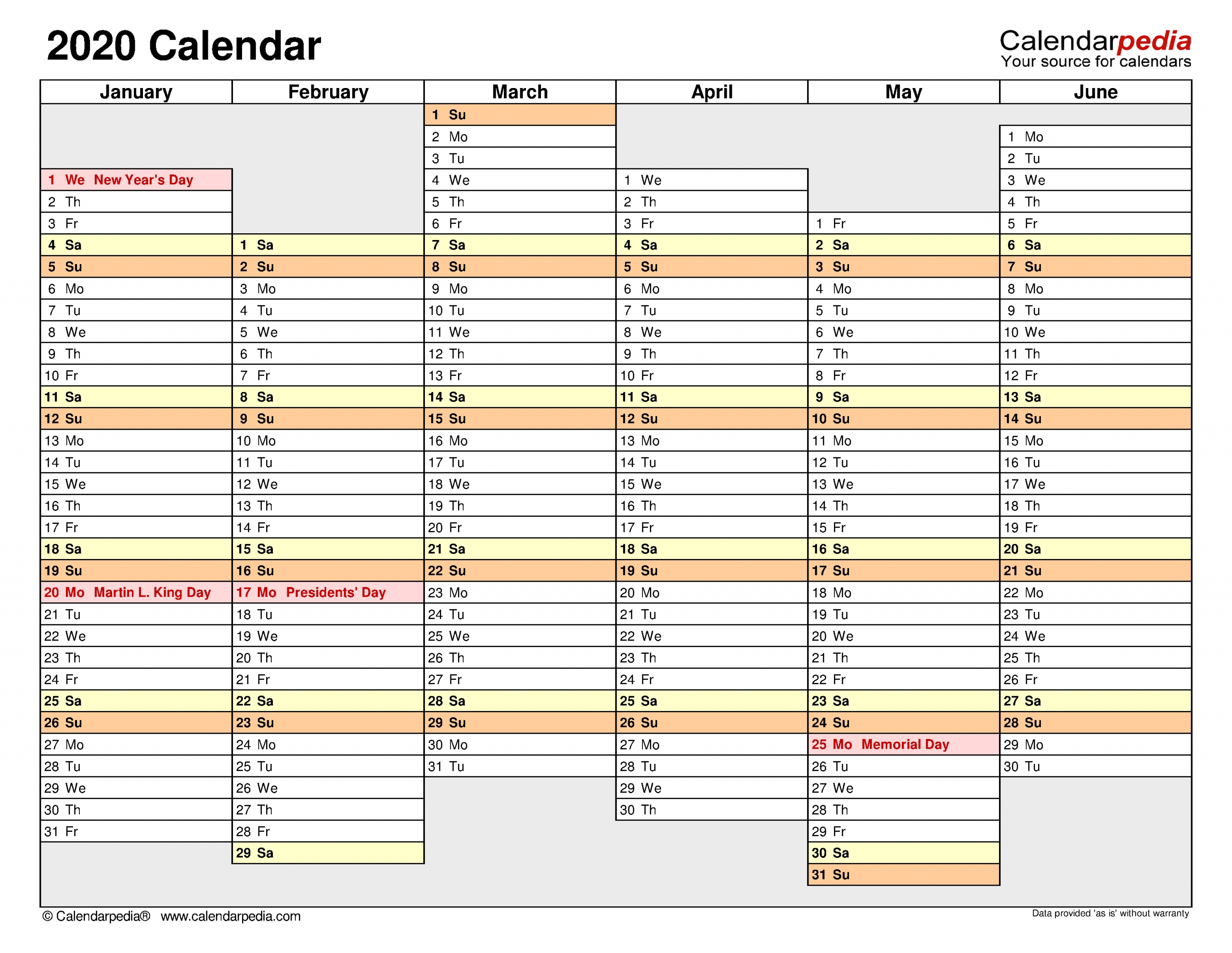 2020 Calendar - Free Printable Word Templates - Calendarpedia  6 Month Calendar Template Word