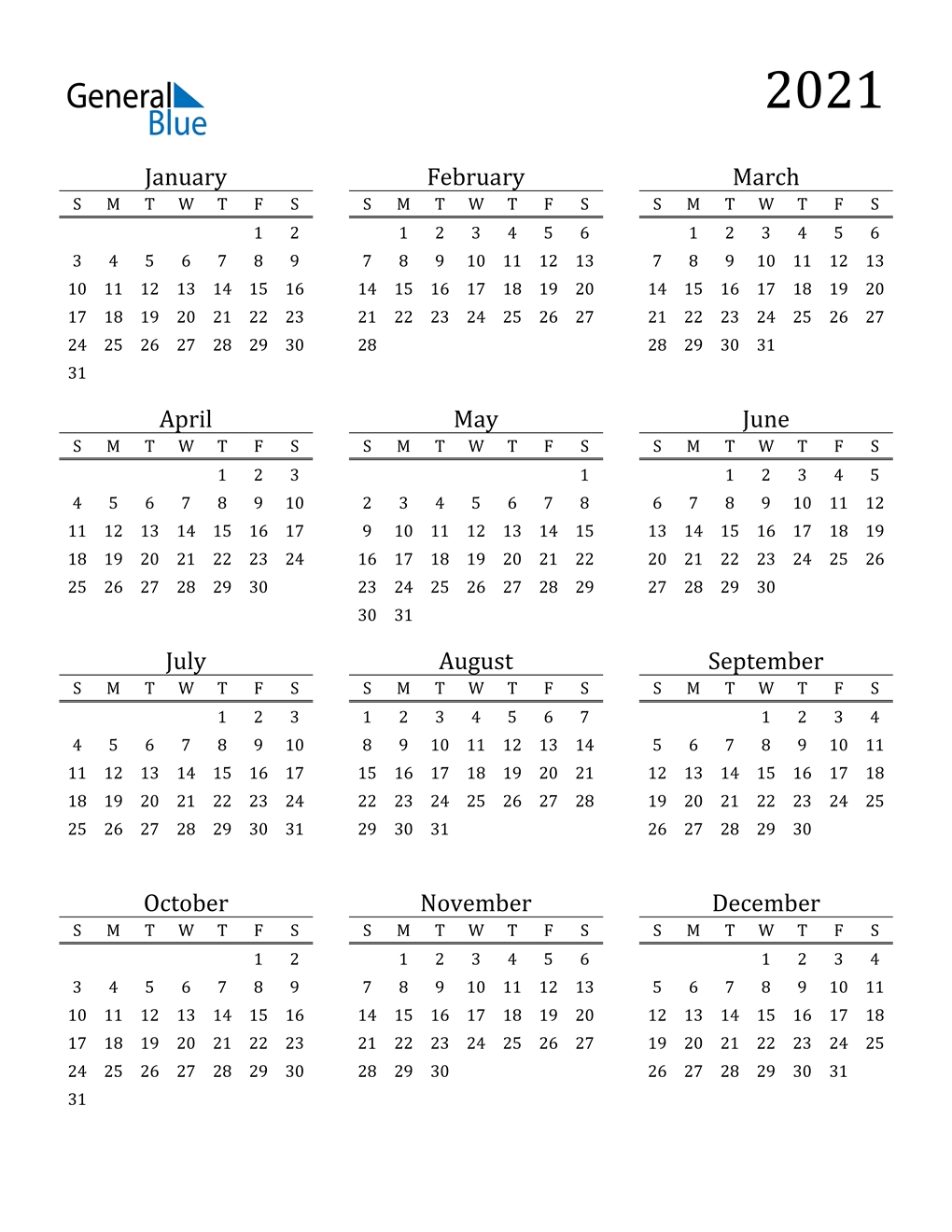 2021 Calendar (Pdf, Word, Excel)  2021 Yearly Calendar Free Pdf Printable