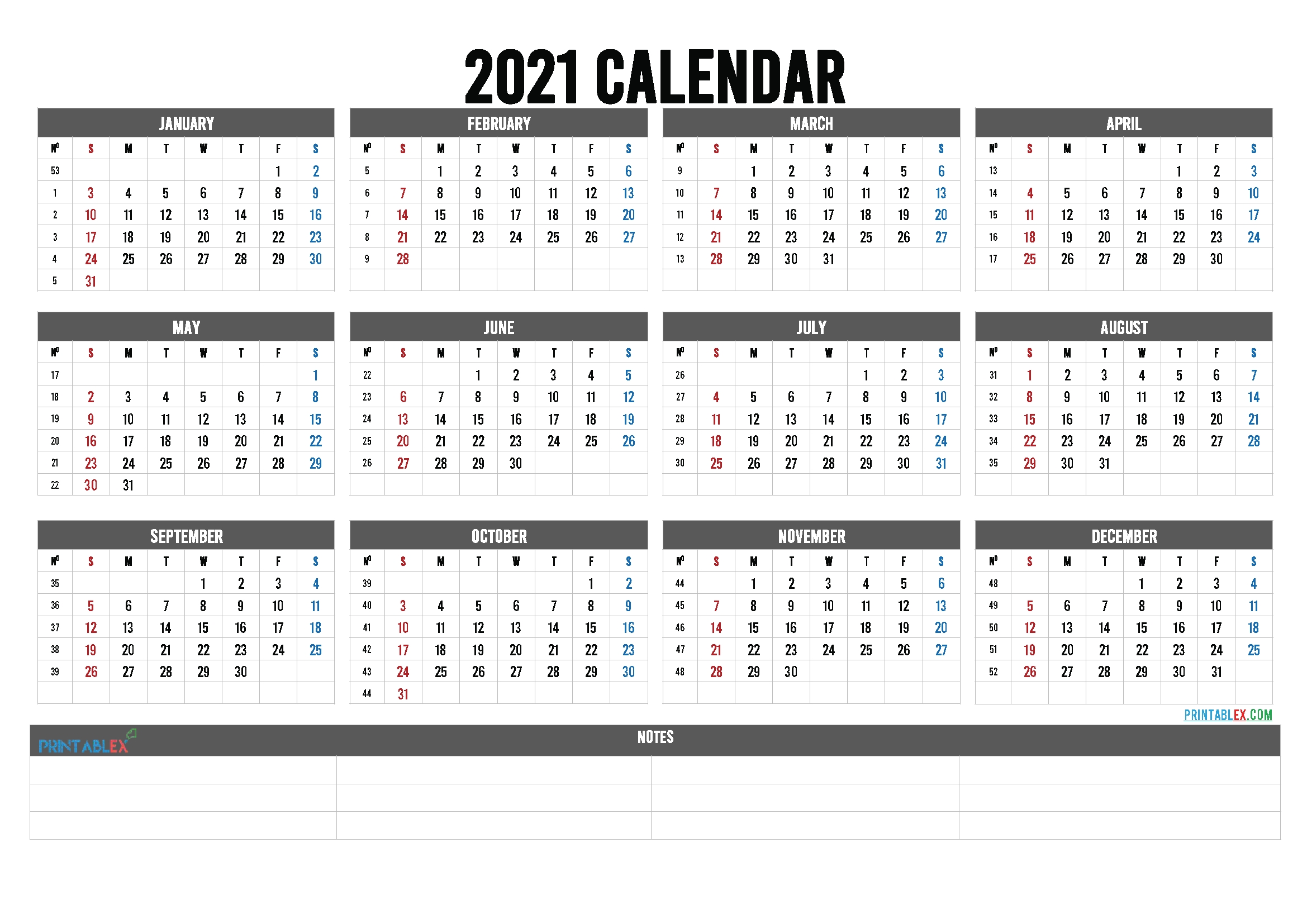 2021 Calendar With Week Numbers Printable – 6 Templates  2021 Calendar Weeks Numbered
