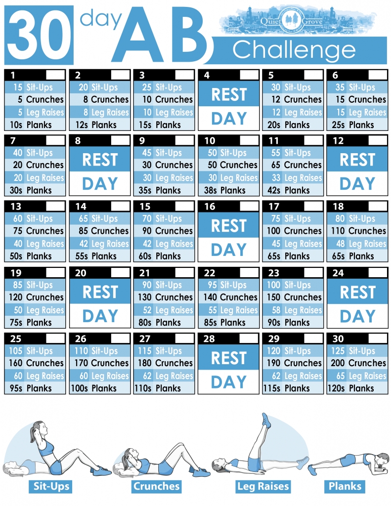 30-Day Ab Challenge (With Free Printable) ⋆ The Quiet Grove  30 Day Challenge Exercise Chart Printable