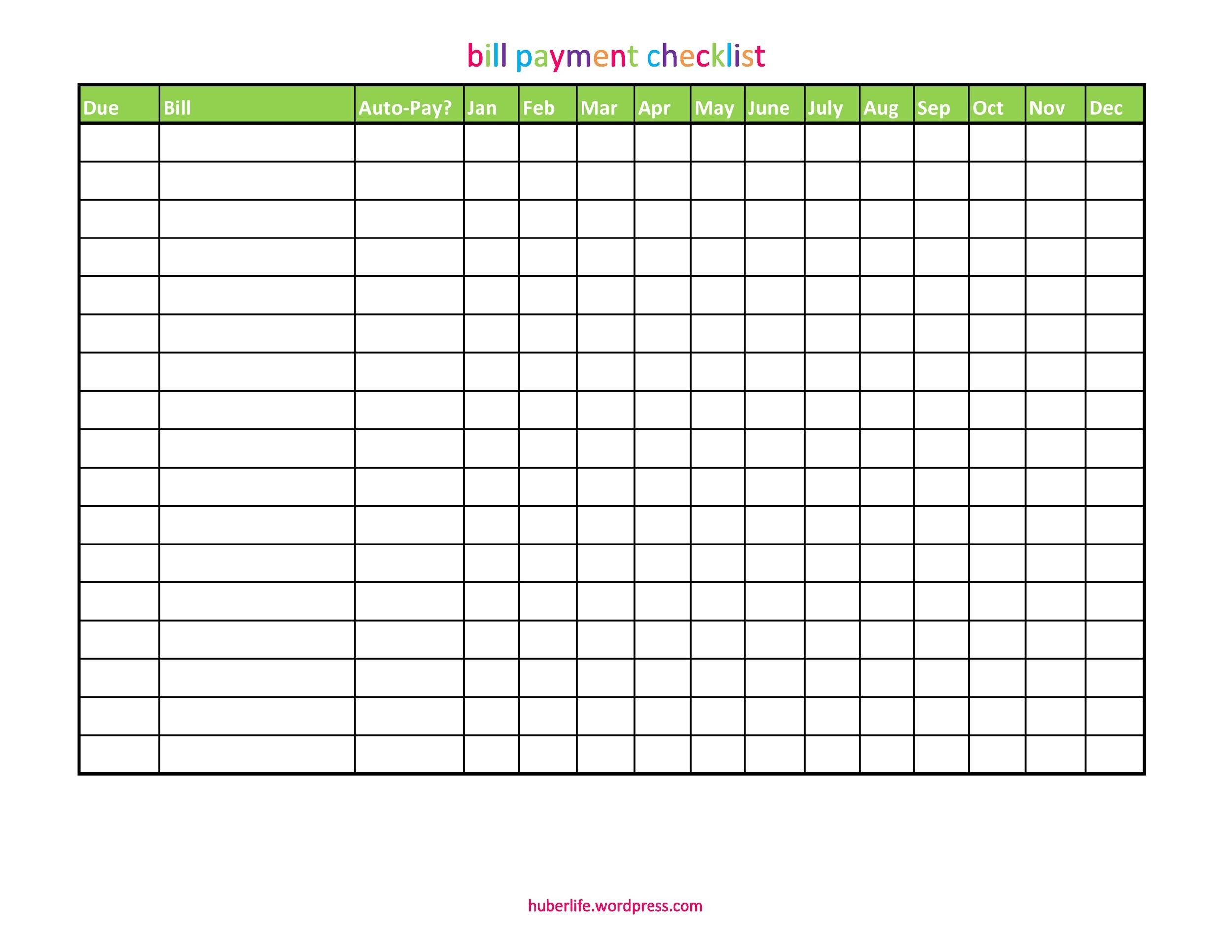 33 Free Bill Pay Checklists &amp; Bill Calendars (Pdf, Word &amp; Excel)  Bill Payment Spreadsheet Printable