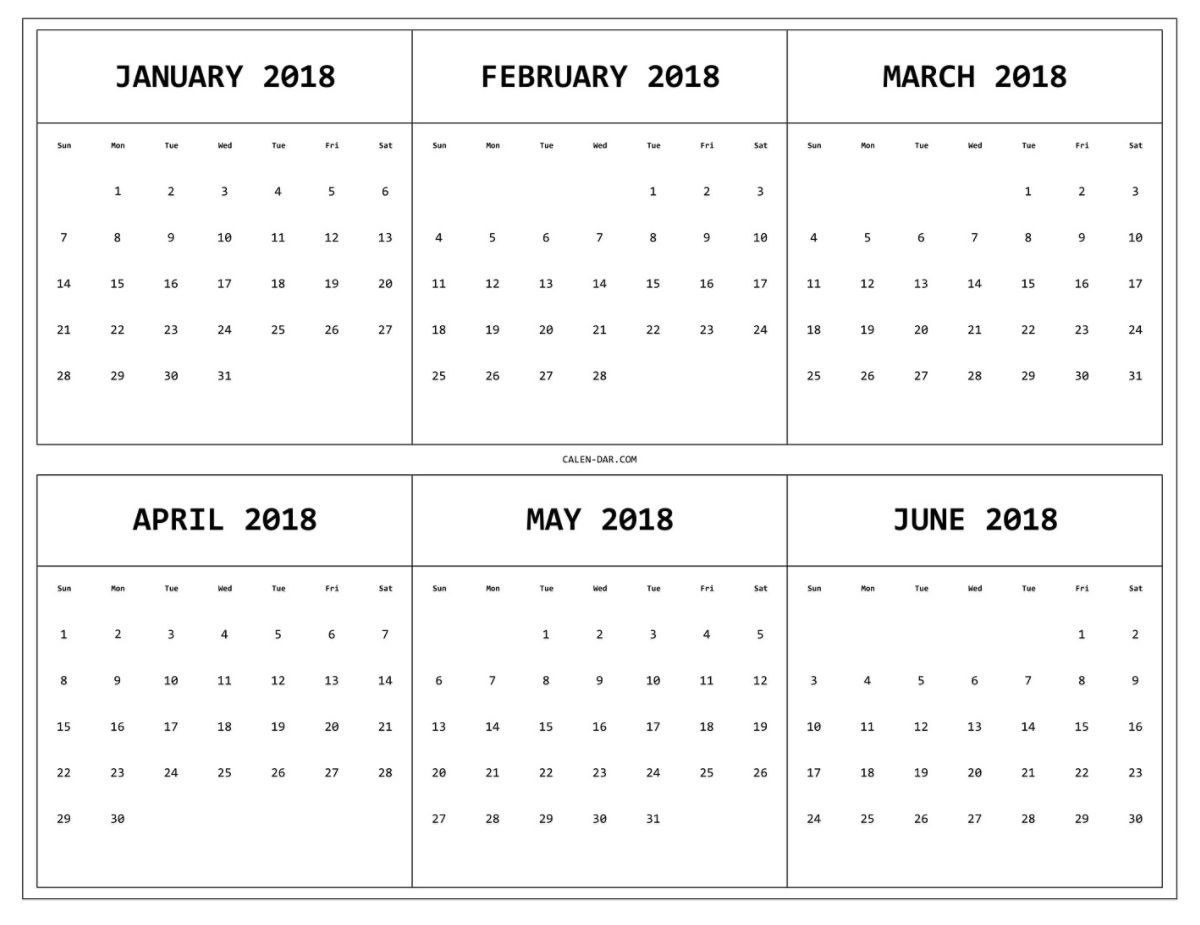 6 Month One Page Printable Calendar 2018 | Monthly Calendar  Calender 6 Months