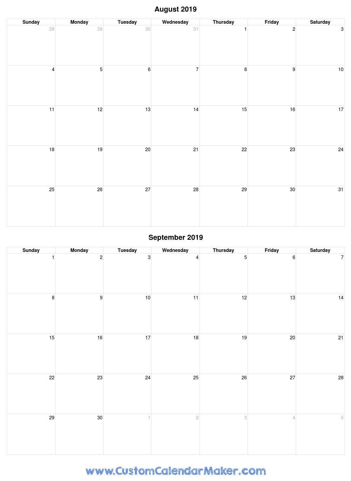 August And September 2019 Free Printable Calendar  Month Of August And September Calendar