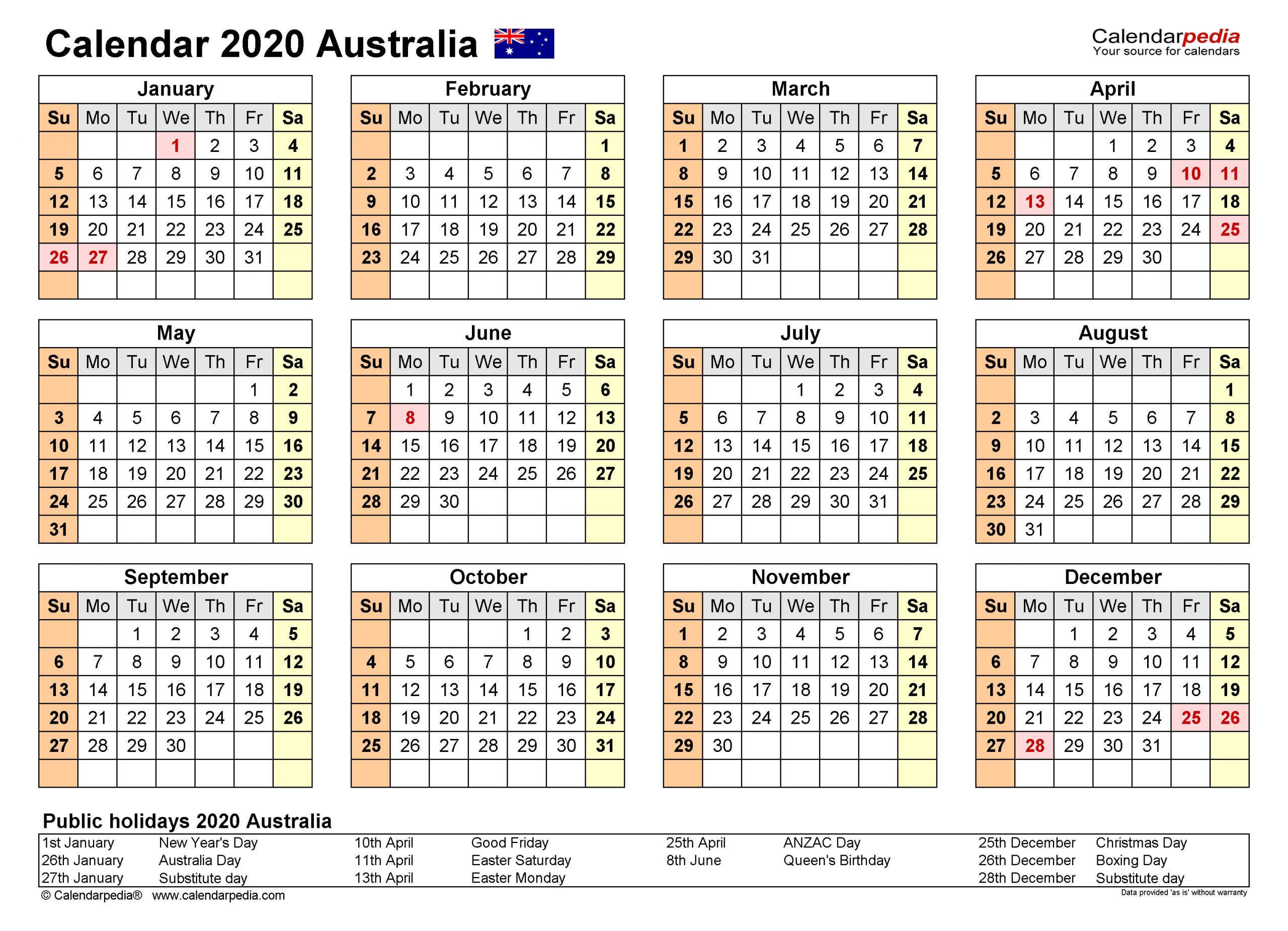 Australia Calendar 2020 - Free Printable Pdf Templates  Financial Years Dates Australia