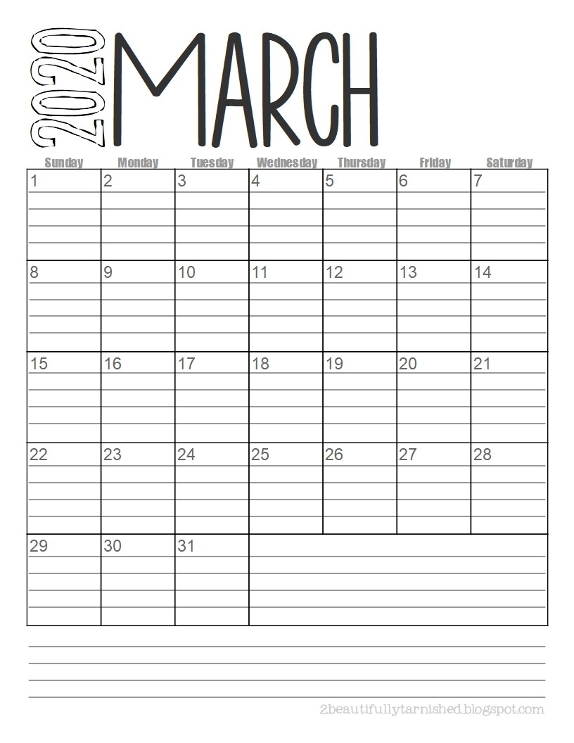 Beautifully Tarnished: Free 2020 {Lined} Monthly Calendars  Printable Calendars With Lines